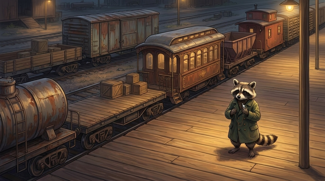 Waschb&auml;r steht am Bahnsteig vor einem Wagenstandsanzeiger und sucht seinen Abschnitt &ndash; Bild f&uuml;r die typen von slammern