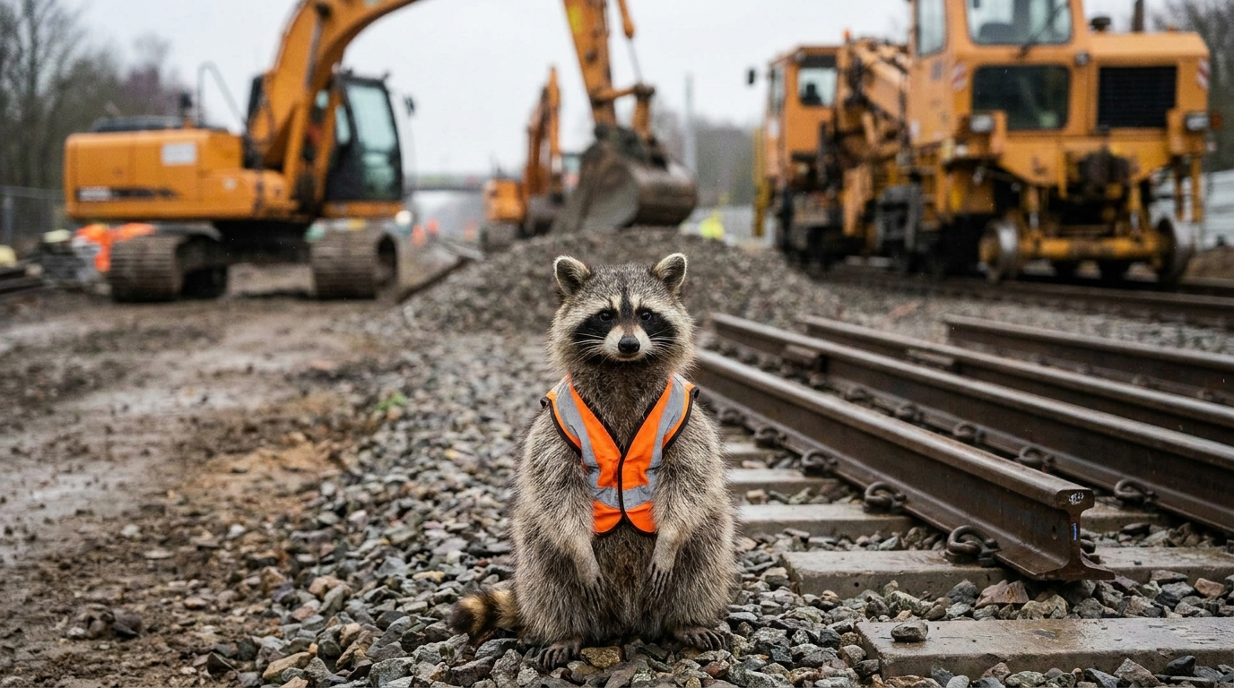 Generalsanierung Satire: Waschbär mit Warnweste sitzt auf einem Gleis vor Baumaschinen
