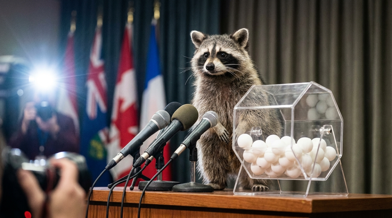Wehrdienst Losverfahren Satire: Waschbär steht bei einer Pressekonferenz neben einer Lostrommel mit weißen Kugeln