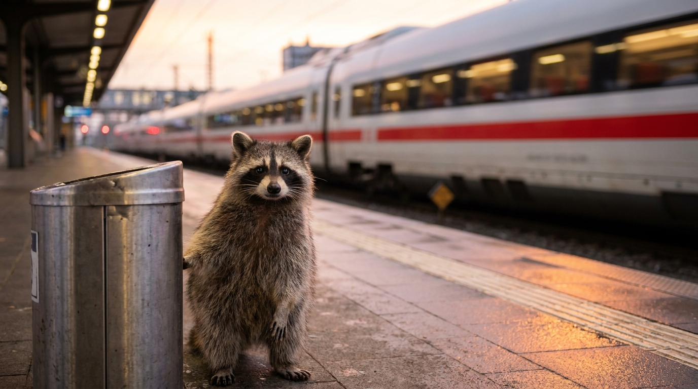 Bahn Satire: Waschbär der Waschbär-Presseagentur steht abends am Bahnsteig neben einem Mülleimer