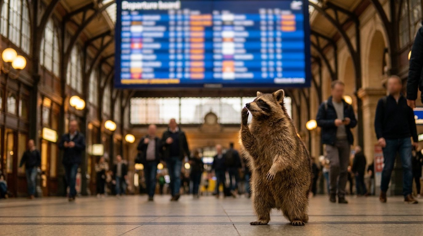 Ich verstehe nur Bahnhof: Waschbär schaut verwirrt auf eine unscharfe Anzeigetafel im Bahnhof