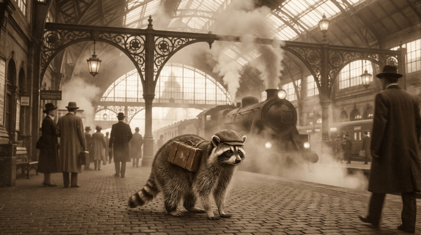 Ich verstehe nur Bahnhof Bedeutung: Waschbär mit altem Koffer in historischer Bahnhofshalle