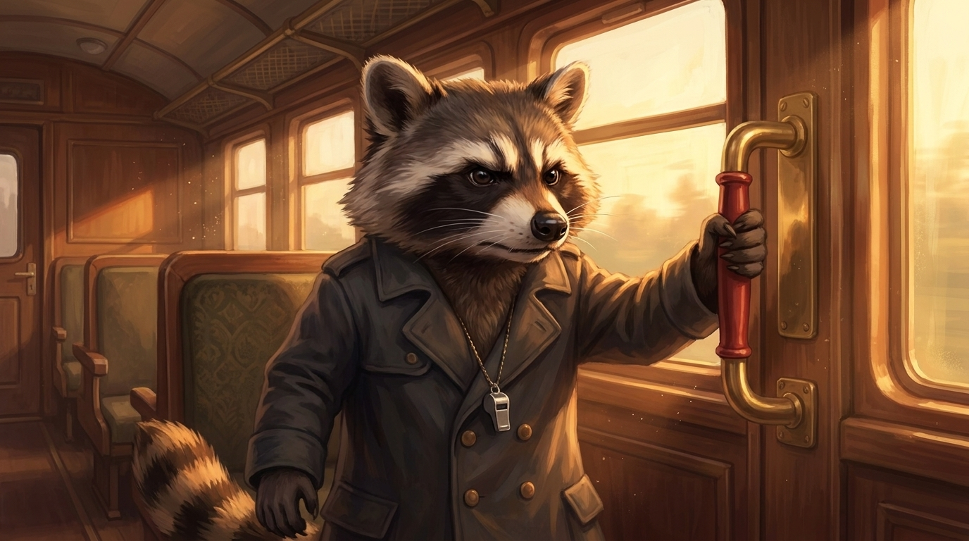 Waschb&auml;r zieht im Zug die Notbremse mit entschlossenem Blick &ndash; Sinnbild f&uuml;r die Reaktion, wenn der auftritt l&auml;uft schlecht