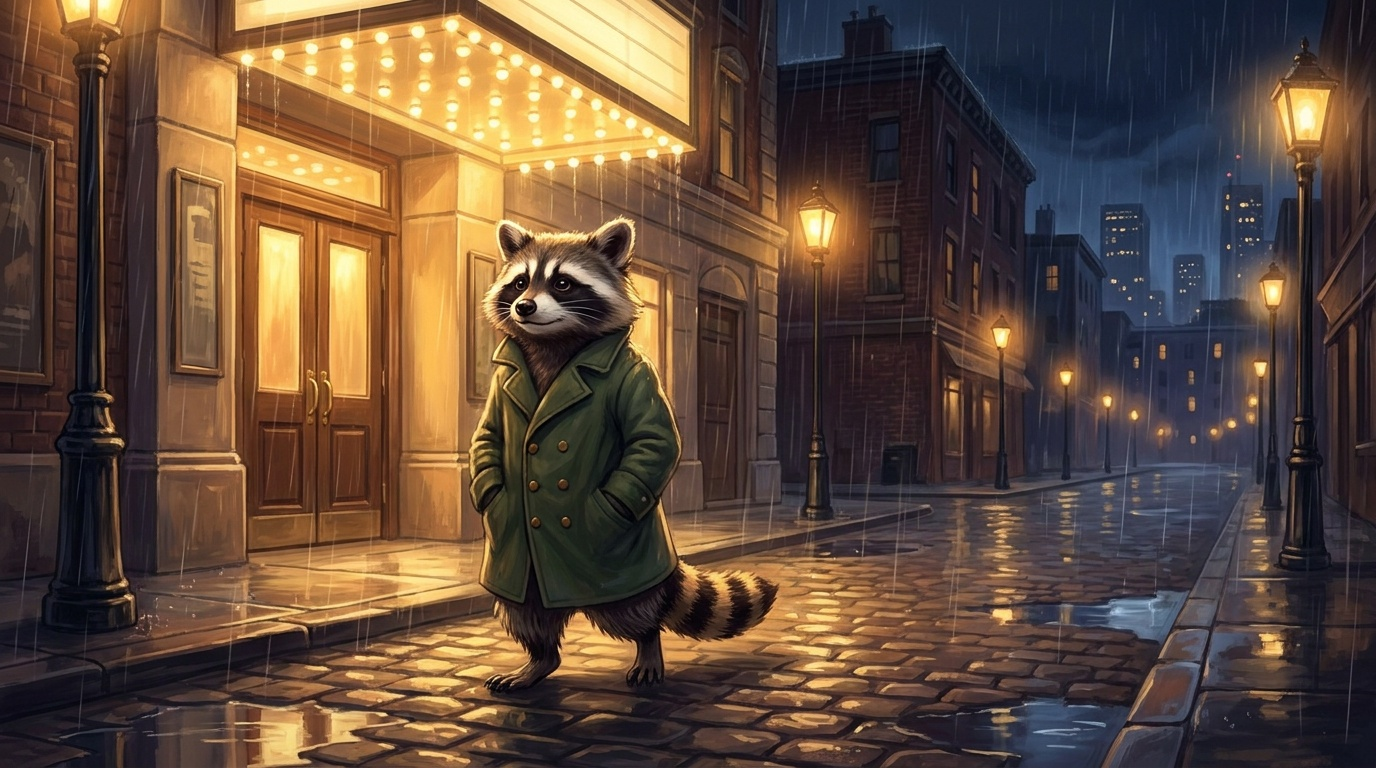 Waschb&auml;r geht nach der Vorstellung bei Regen und Stra&szlig;enlicht nach Hause &ndash; Bild zu den regeln f&uuml;r auftritte