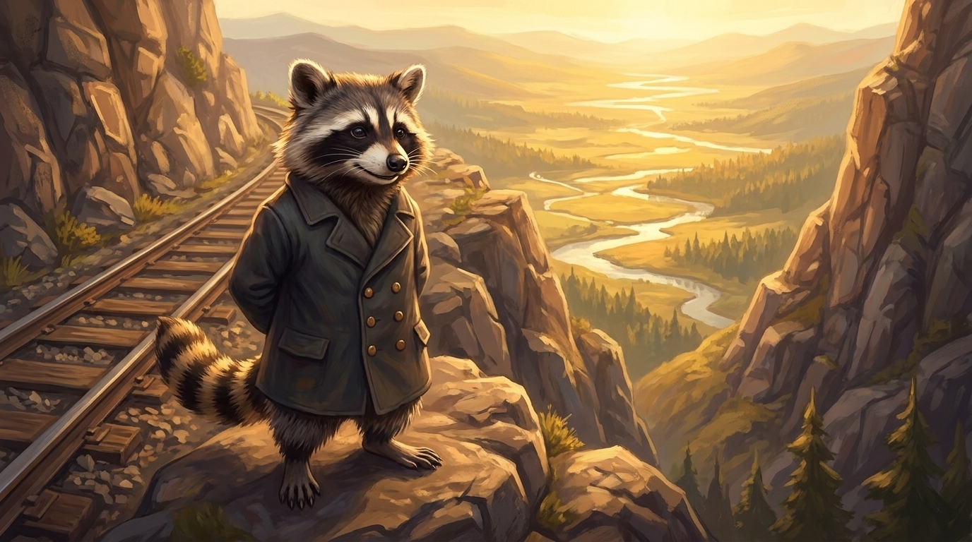 Waschbär steht oben am Pass neben den Gleisen und schaut ins Tal – Bild zum erzählen auf der bühne