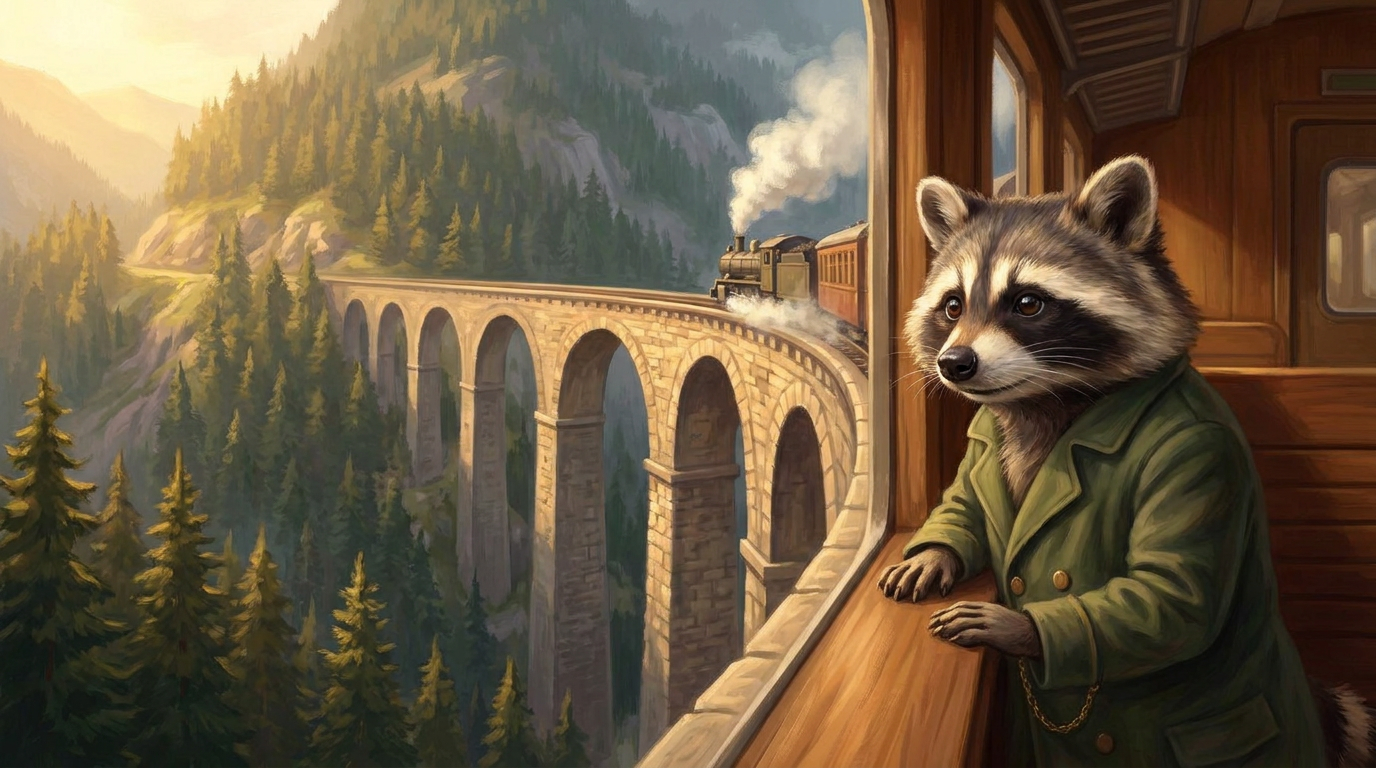 Waschbär schaut aus dem Zugfenster, während der Zug über ein Viadukt einer Bergstrecke fährt – Bild zum erzählen auf der bühne