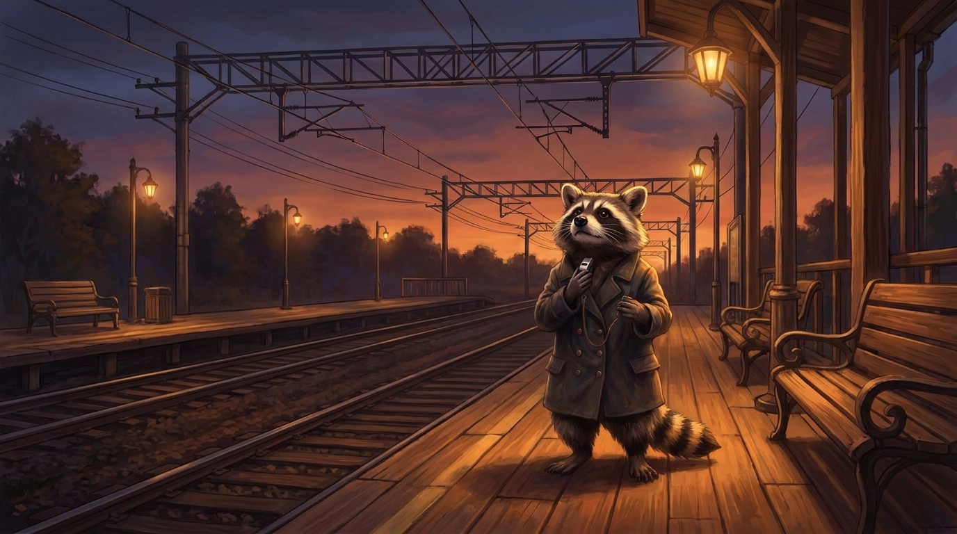 Waschb&auml;r steht abends auf einem leeren Bahnsteig und schaut hinauf zur Oberleitung &ndash; Bild zur b&uuml;hnenwirkung