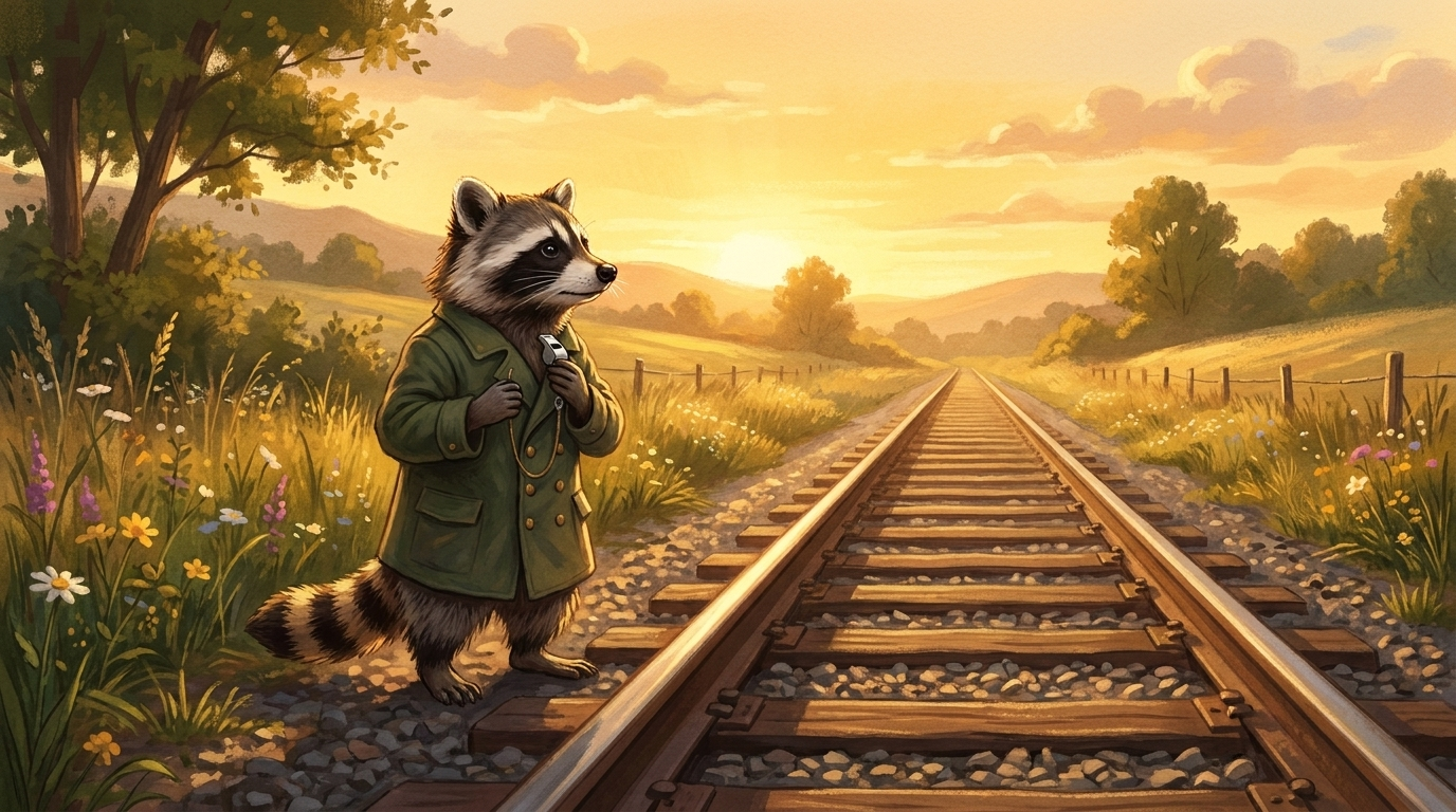 Waschb&auml;r steht bei Sonnenaufgang am Gleis und schaut die Strecke entlang &ndash; Bild zum manifest b&uuml;hne