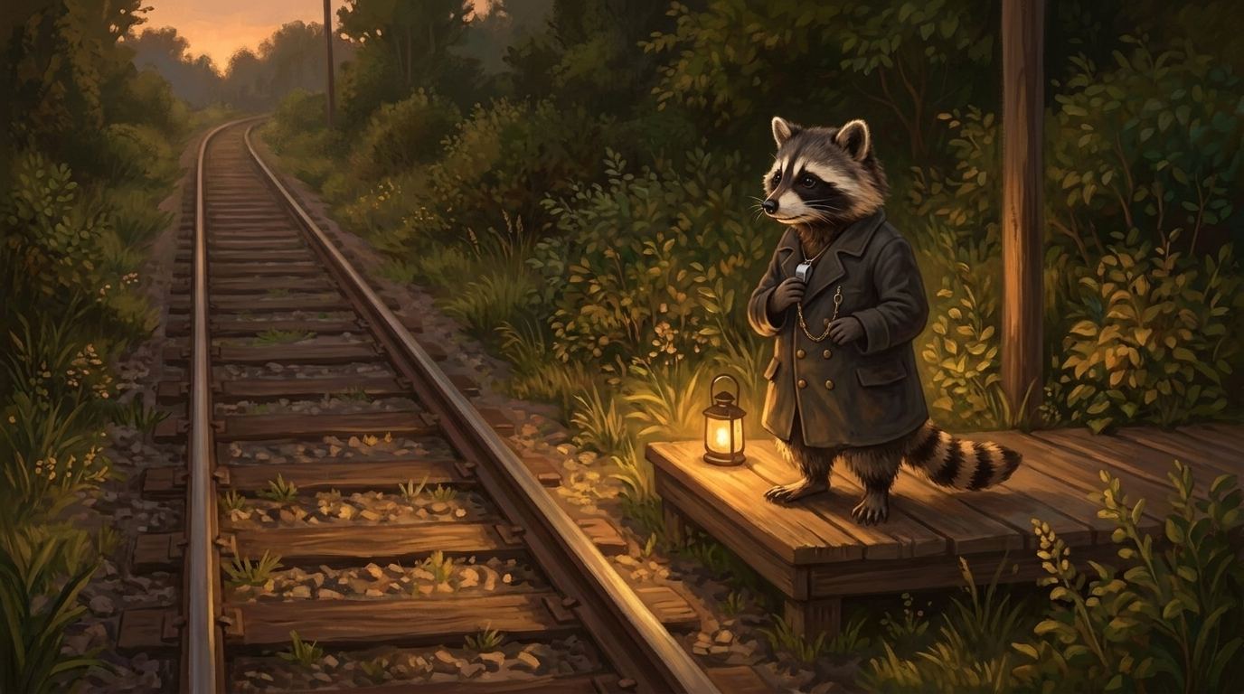 Waschb&auml;r steht abends allein an einem kleinen Haltepunkt einer Nebenbahn &ndash; Bild zum manifest b&uuml;hne