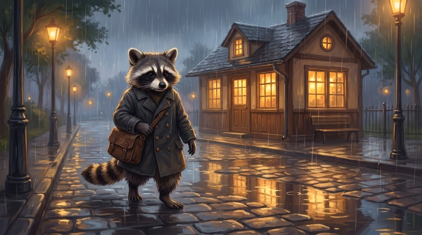 Waschb&auml;r geht im Abendregen mit Tasche zu einem kleinen beleuchteten Bahnhof &ndash; Bild zum manifest b&uuml;hne