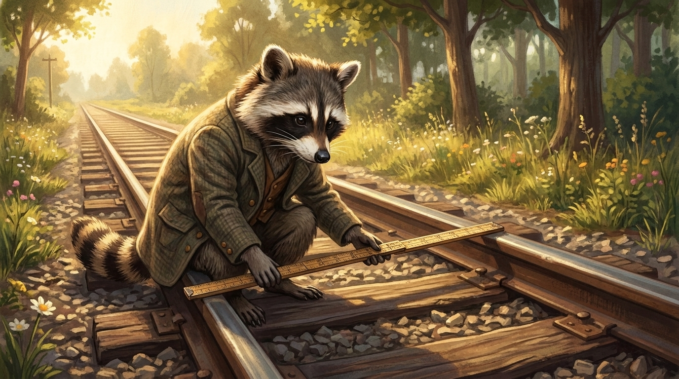 Waschbär misst mit einem Zollstock den Abstand zwischen zwei Schienen – Bild zu den regeln slam text