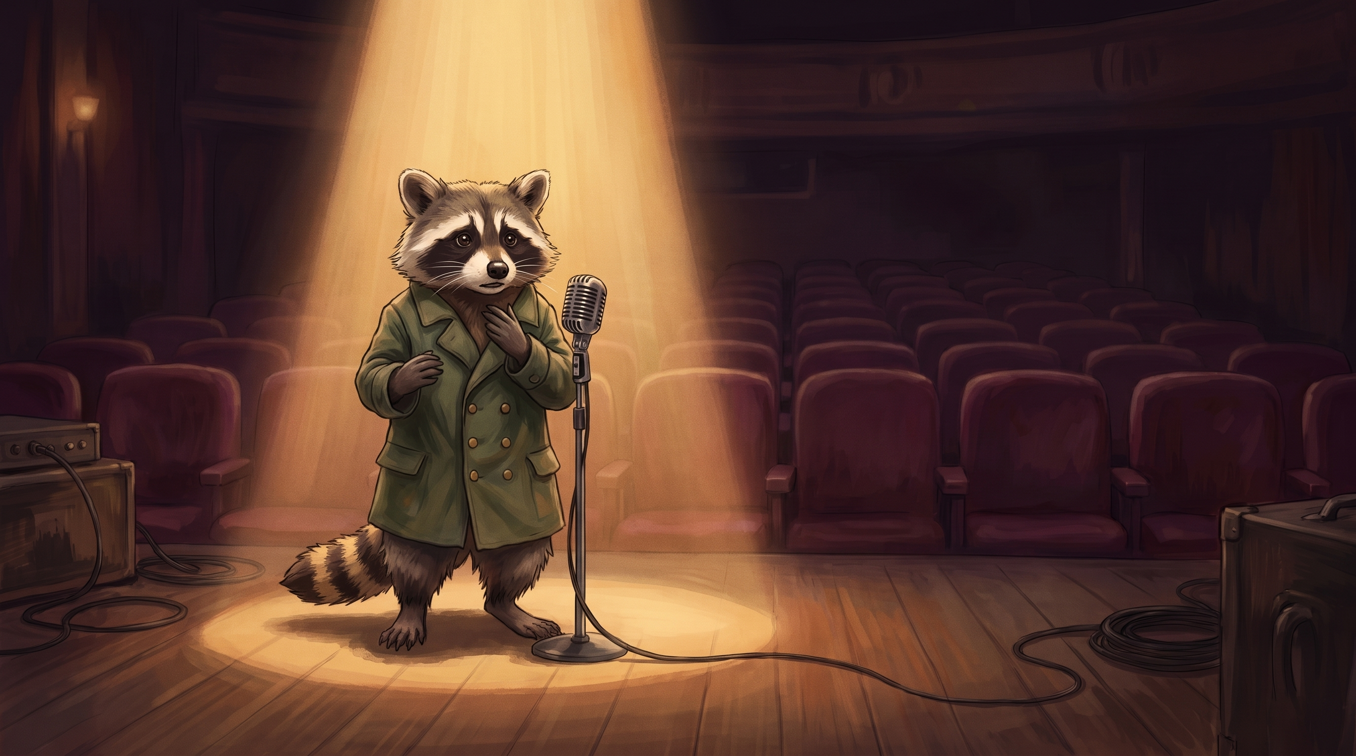 Alter Waschb&auml;r sitzt mit Gitarre und singt mit br&uuml;chiger Stimme &ndash; Bild dazu, warum eine gute stimme &uuml;berbewertet ist