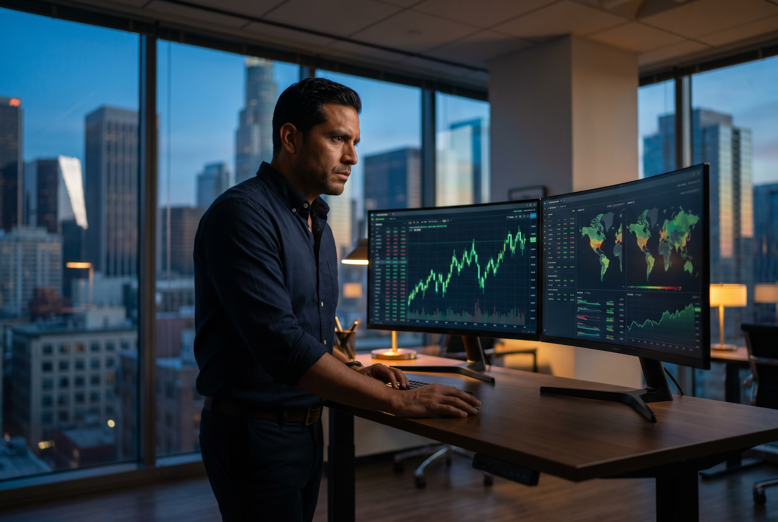 Analytical trader at market intelligence terminal