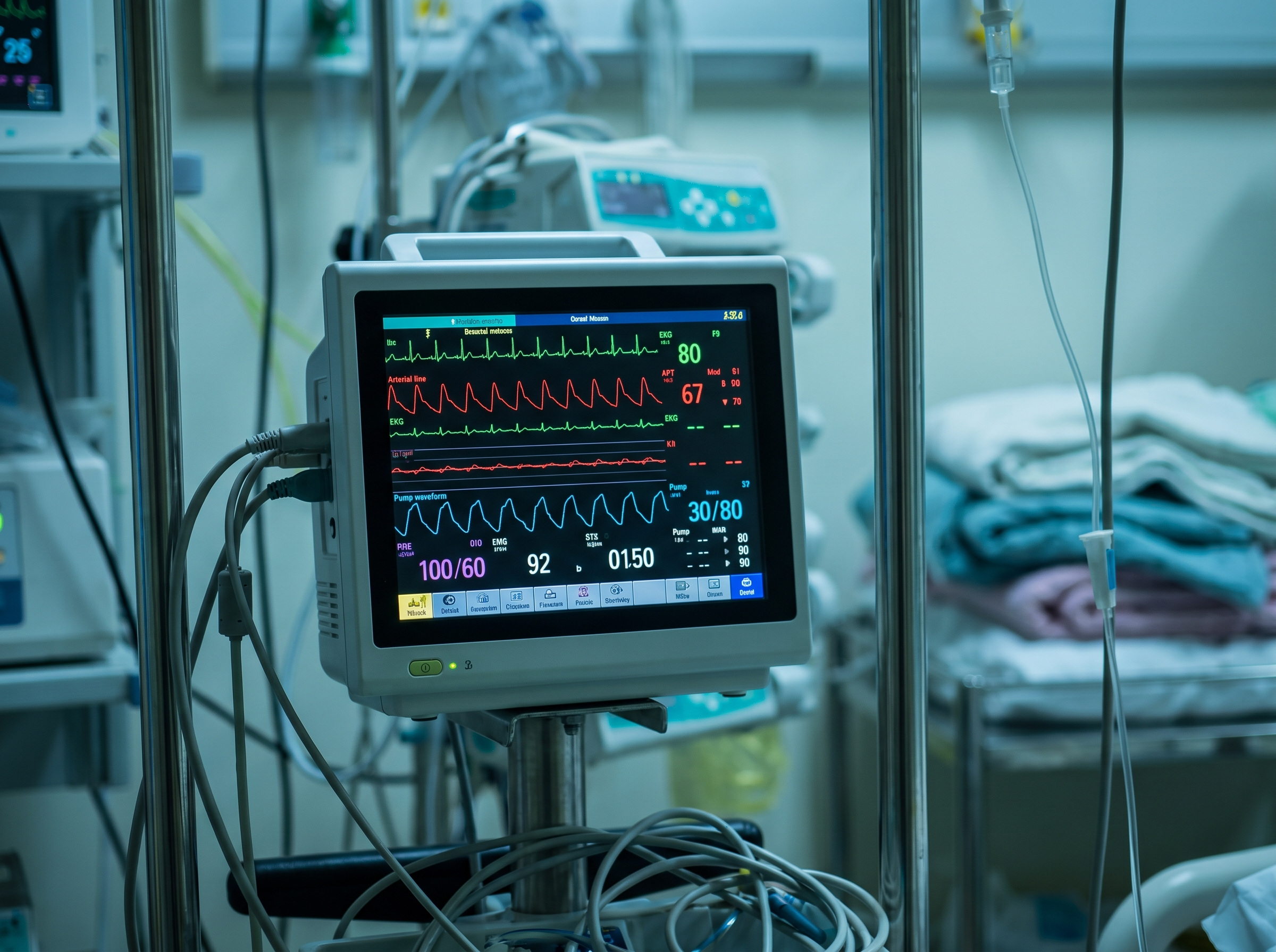 Bedside cardiac monitor displaying hemodynamic waveforms