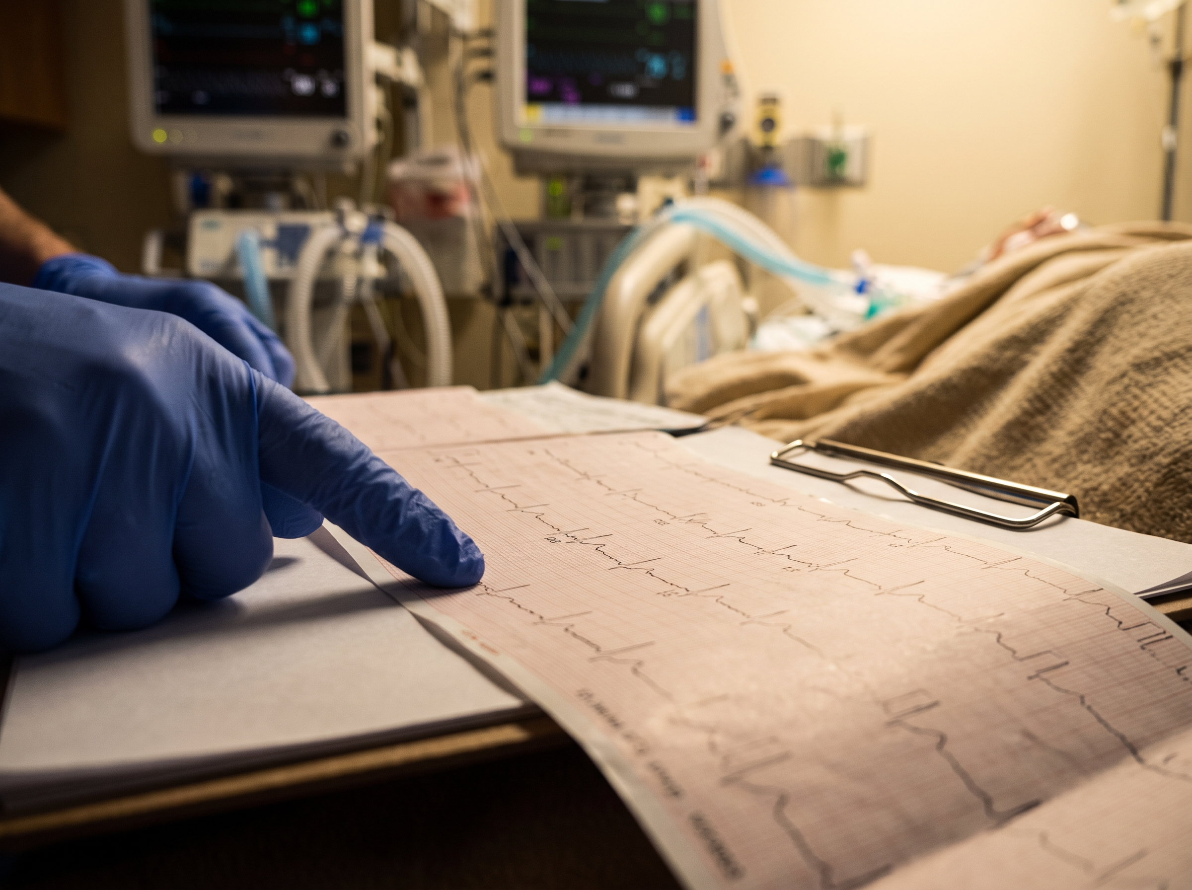 Nurse pointing at a 12-lead EKG strip