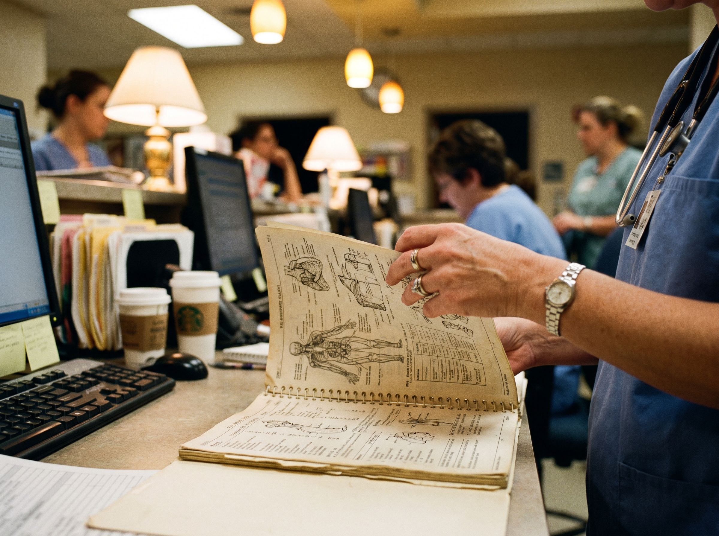 Nurse's hands holding open an illustrated reference guide