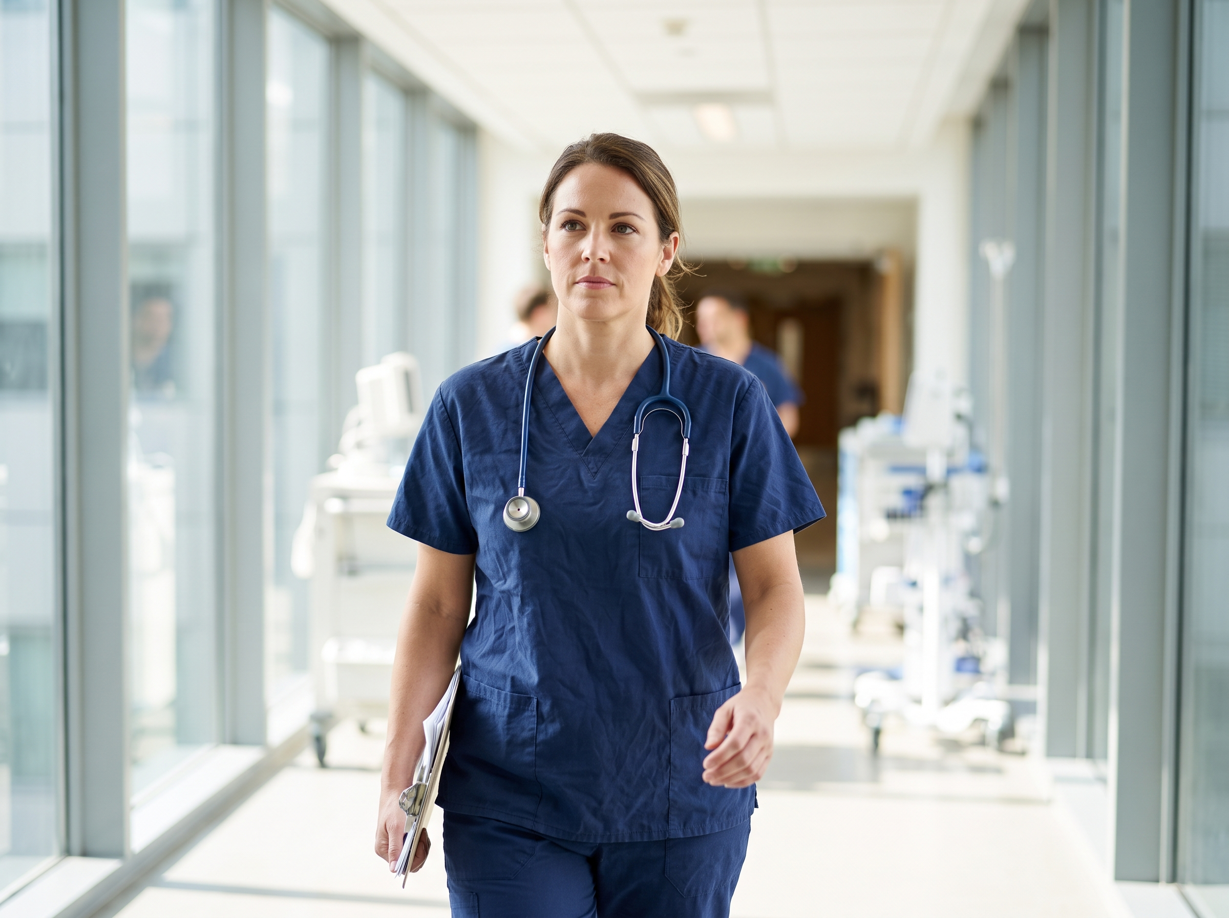 Nurse walking confidently through a hospital corridor