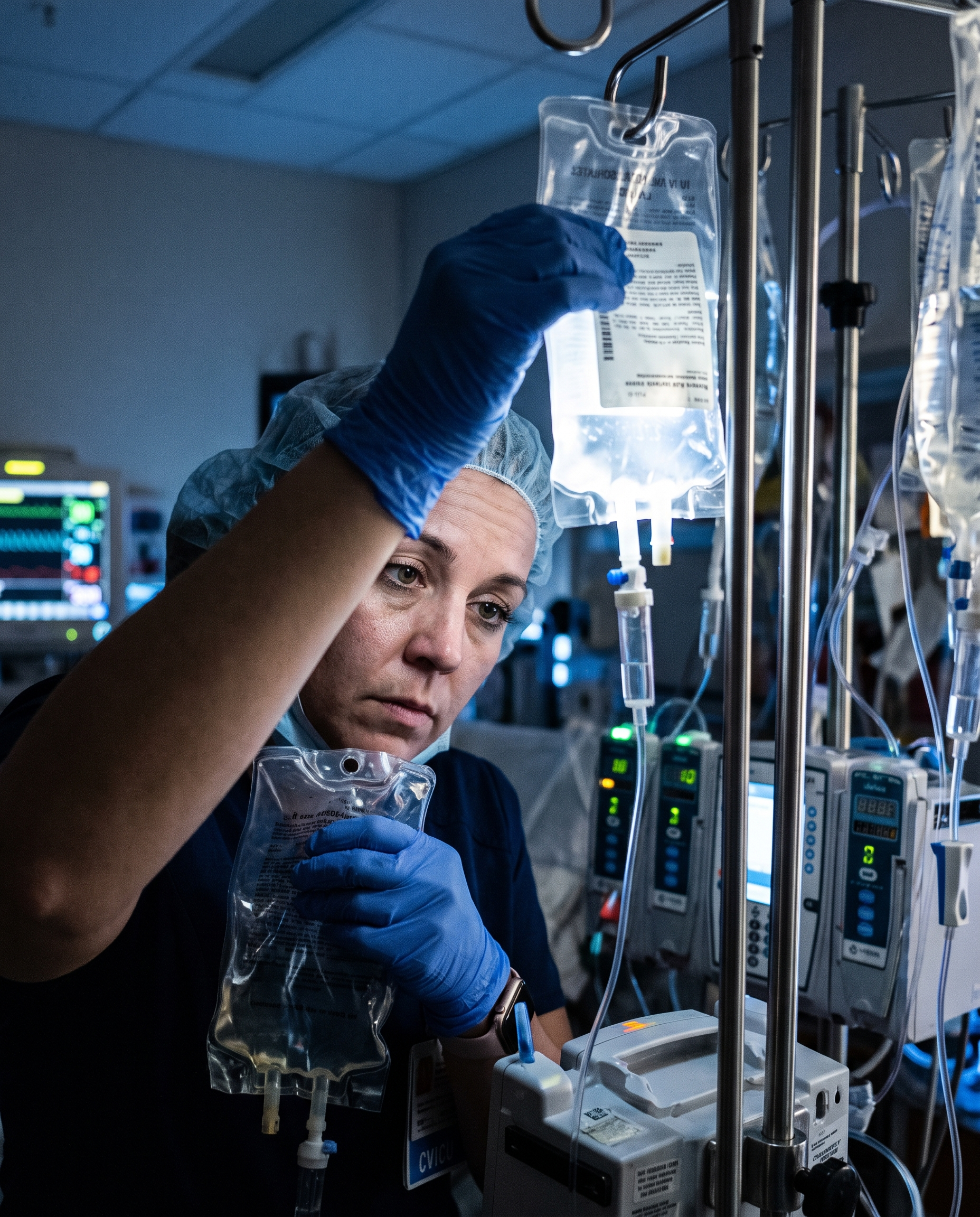 Nurse reaching for an IV bag in a CVICU room