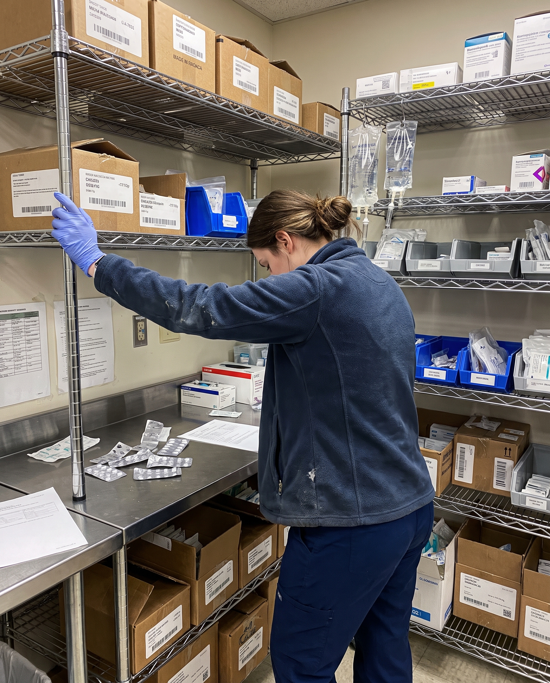 Nurse alone in a hospital med room, hand braced on a shelf