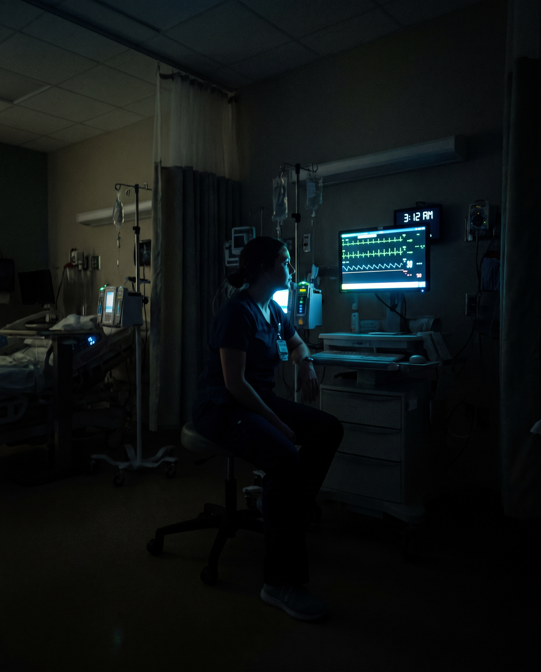 Nurse watching a hemodynamic waveform on a monitor at night