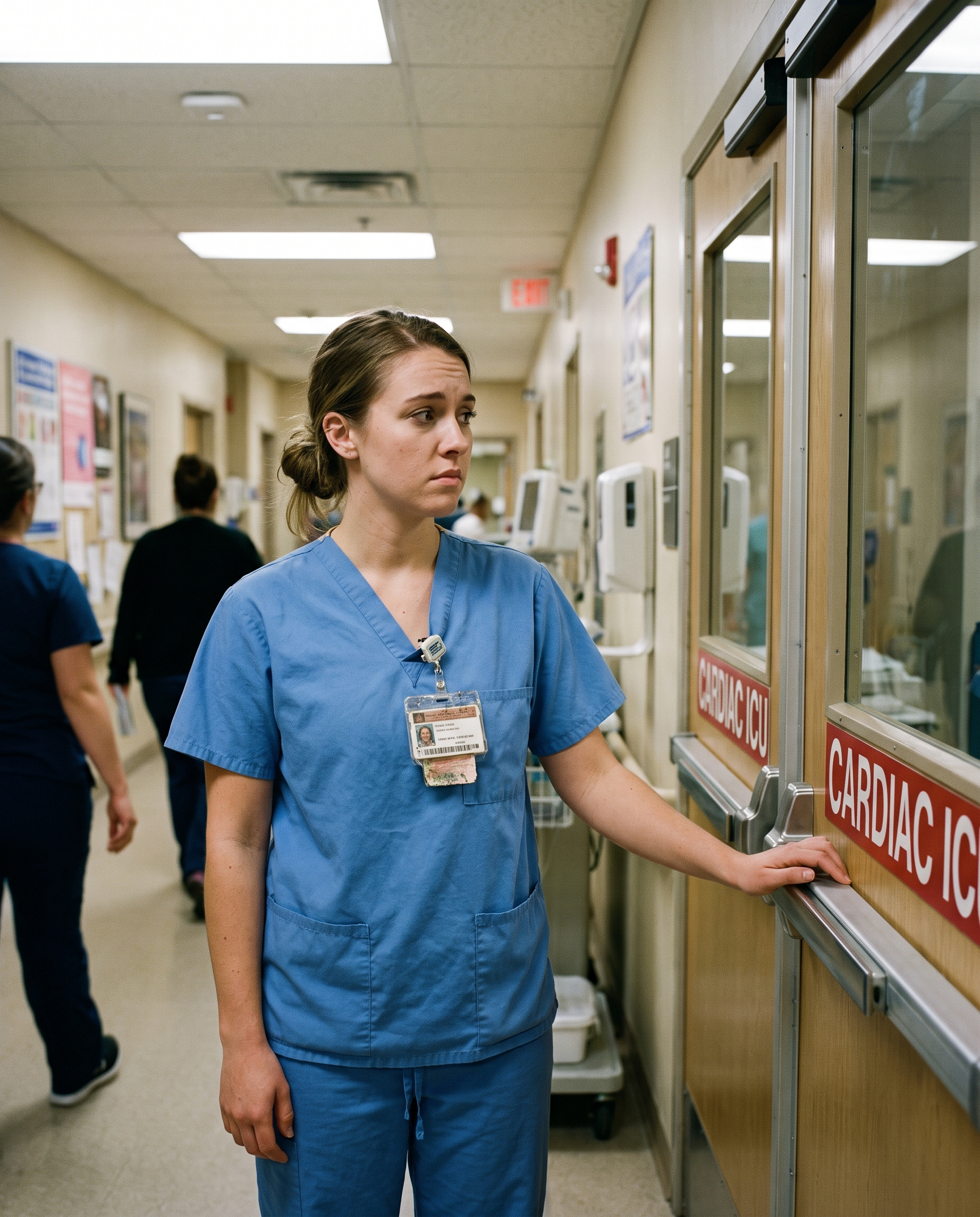New grad nurse pausing before entering the cardiac ICU