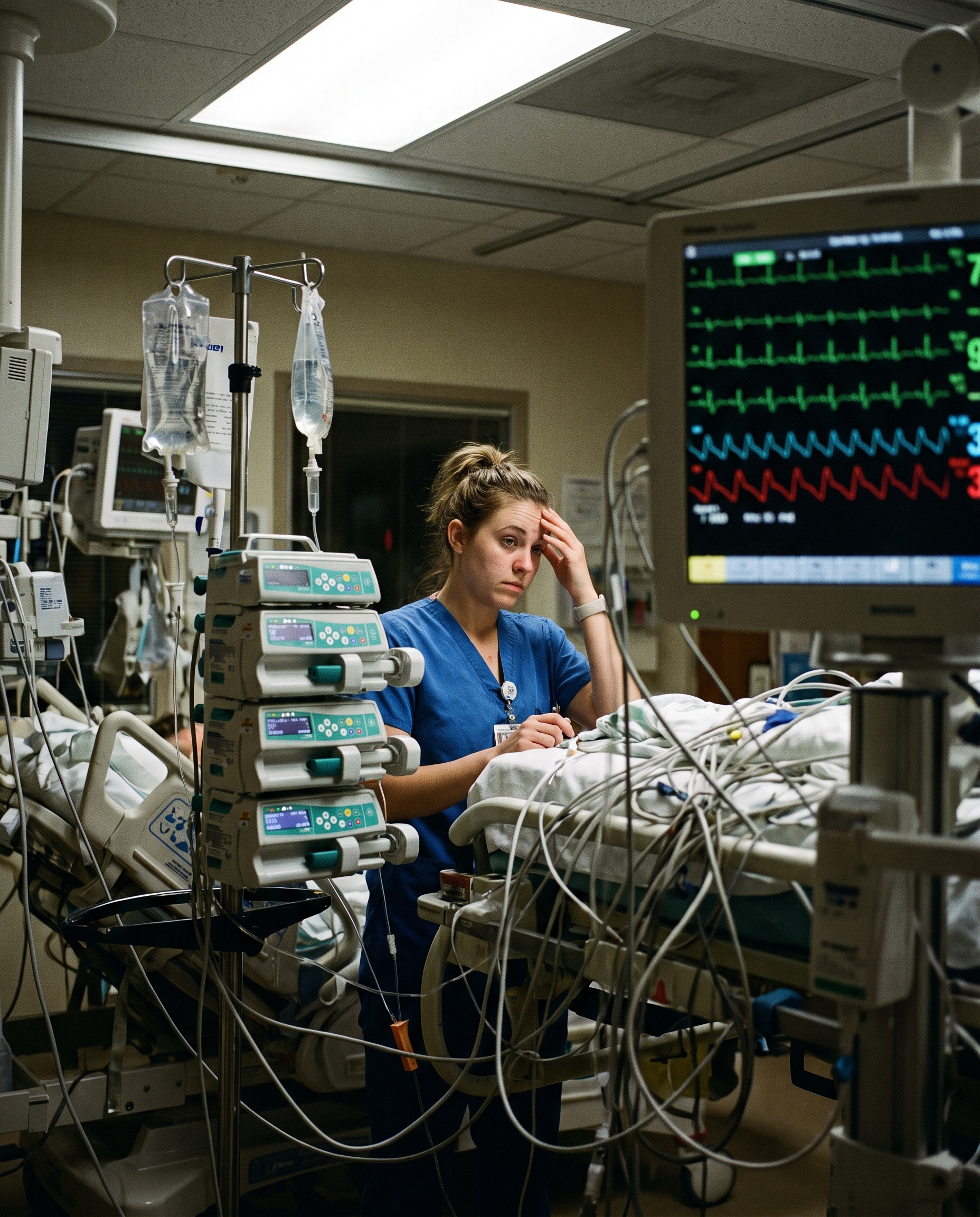 New nurse overwhelmed at a bedside surrounded by IV pumps and monitors