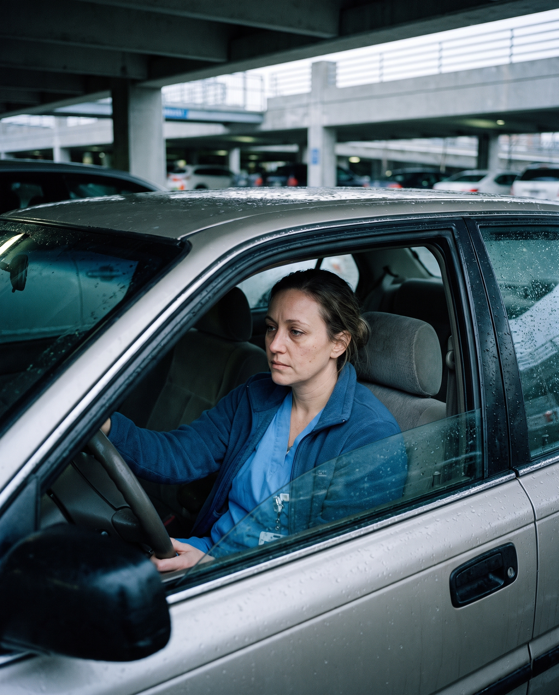 Nurse sitting alone in her car in a hospital parking garage before a shift