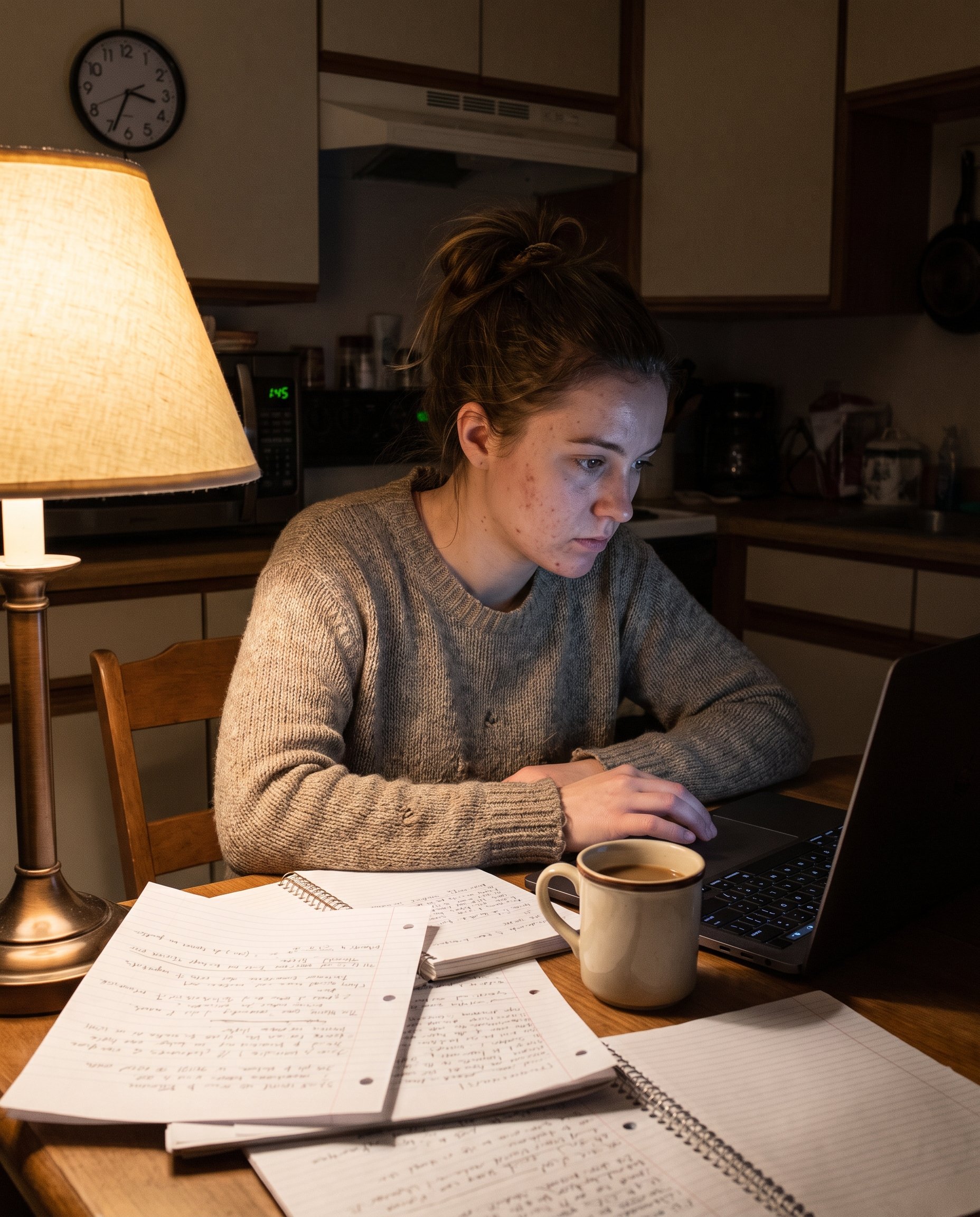 Nurse studying alone at a kitchen table late at night
