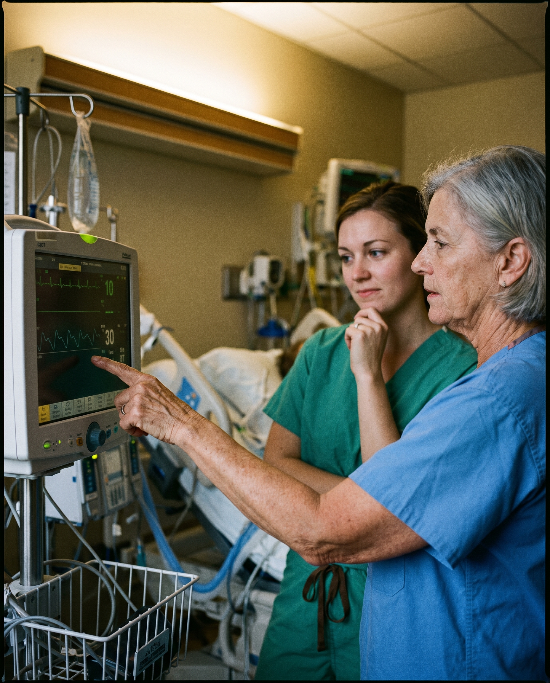 Experienced nurse showing a new nurse a cardiac monitor waveform