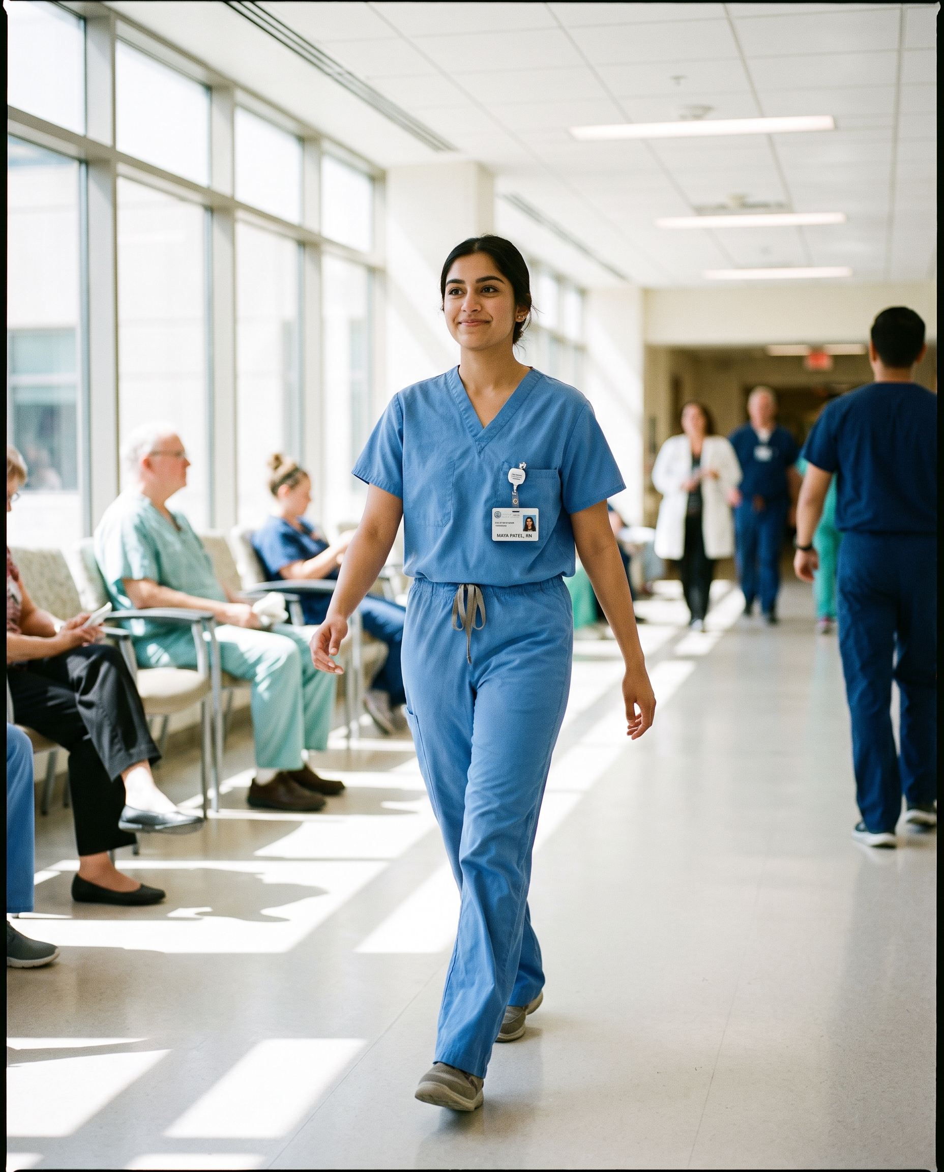 Confident nurse walking through a hospital corridor