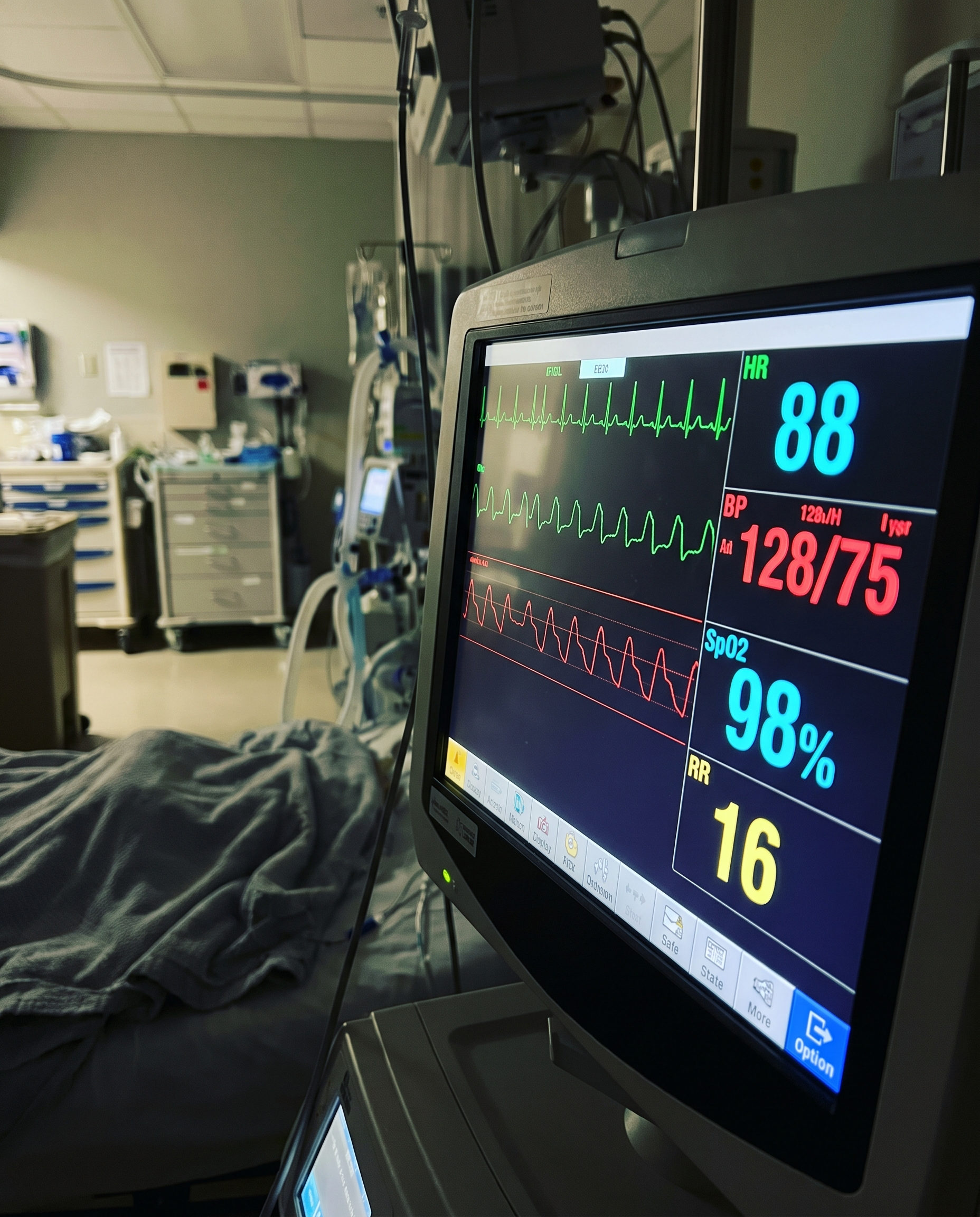 Cardiac monitor waveform close up