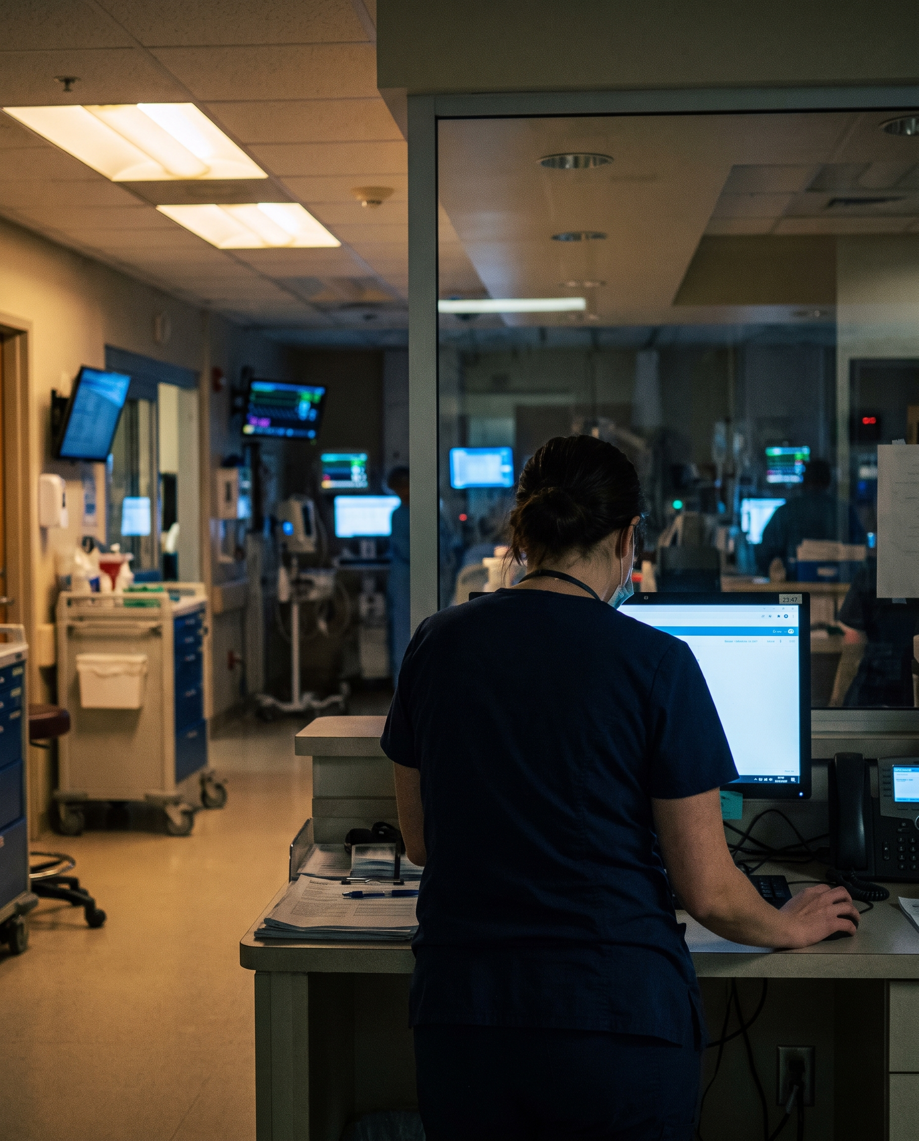 Nurse charting at ICU nurses station at night