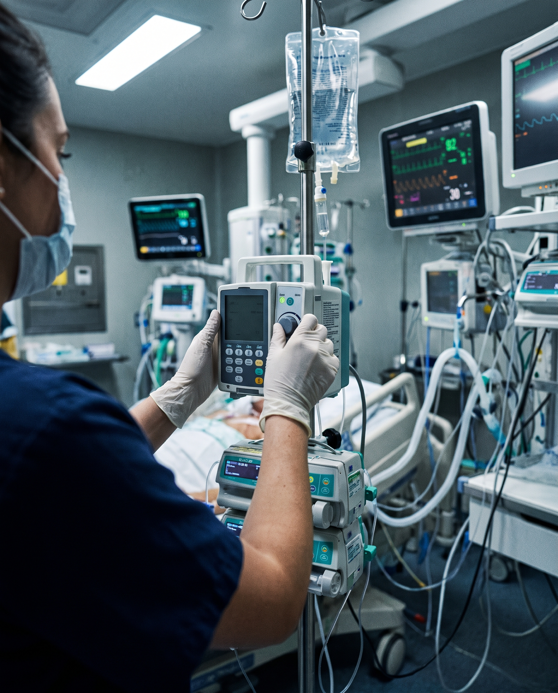Nurse adjusting IV pump in ICU
