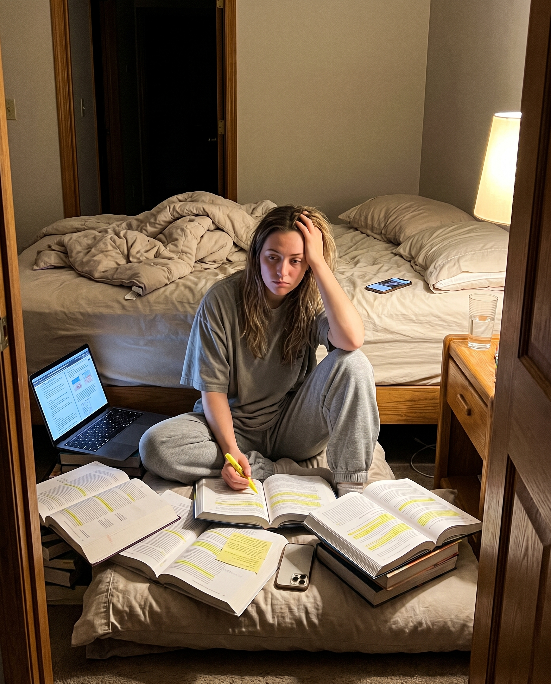 Nurse studying alone on her bed late at night, surrounded by textbooks, staring blankly