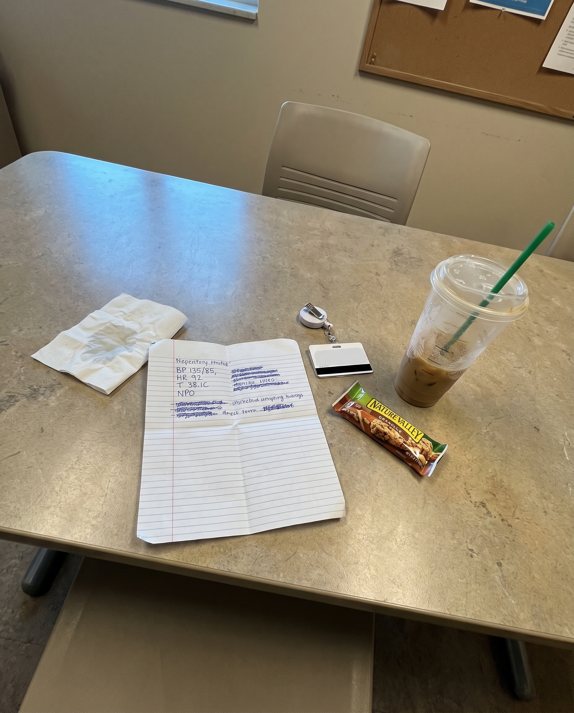 Hospital break room table left behind after a shift, folded notes and a badge