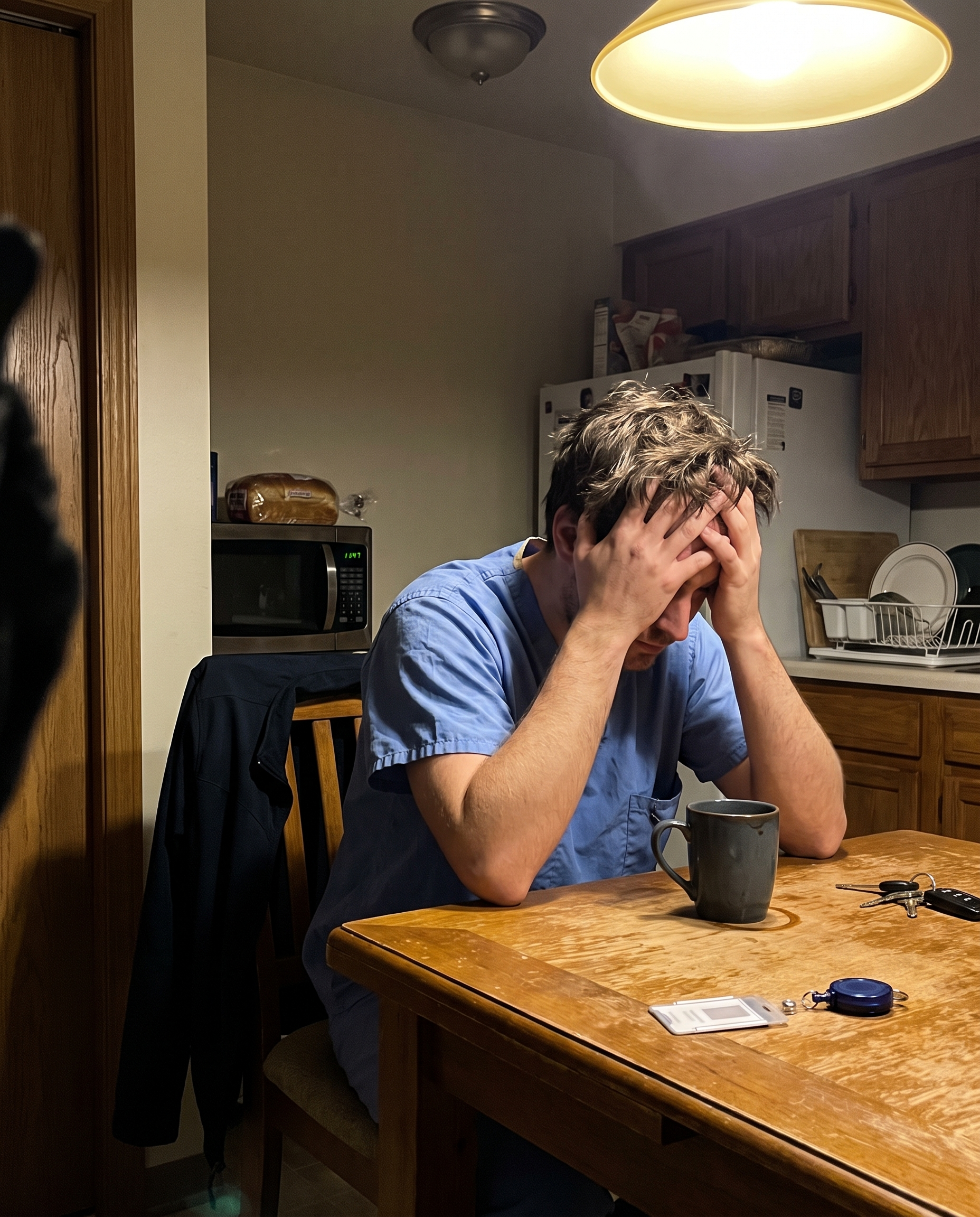 Nurse sitting quietly at a kitchen table late at night in scrubs