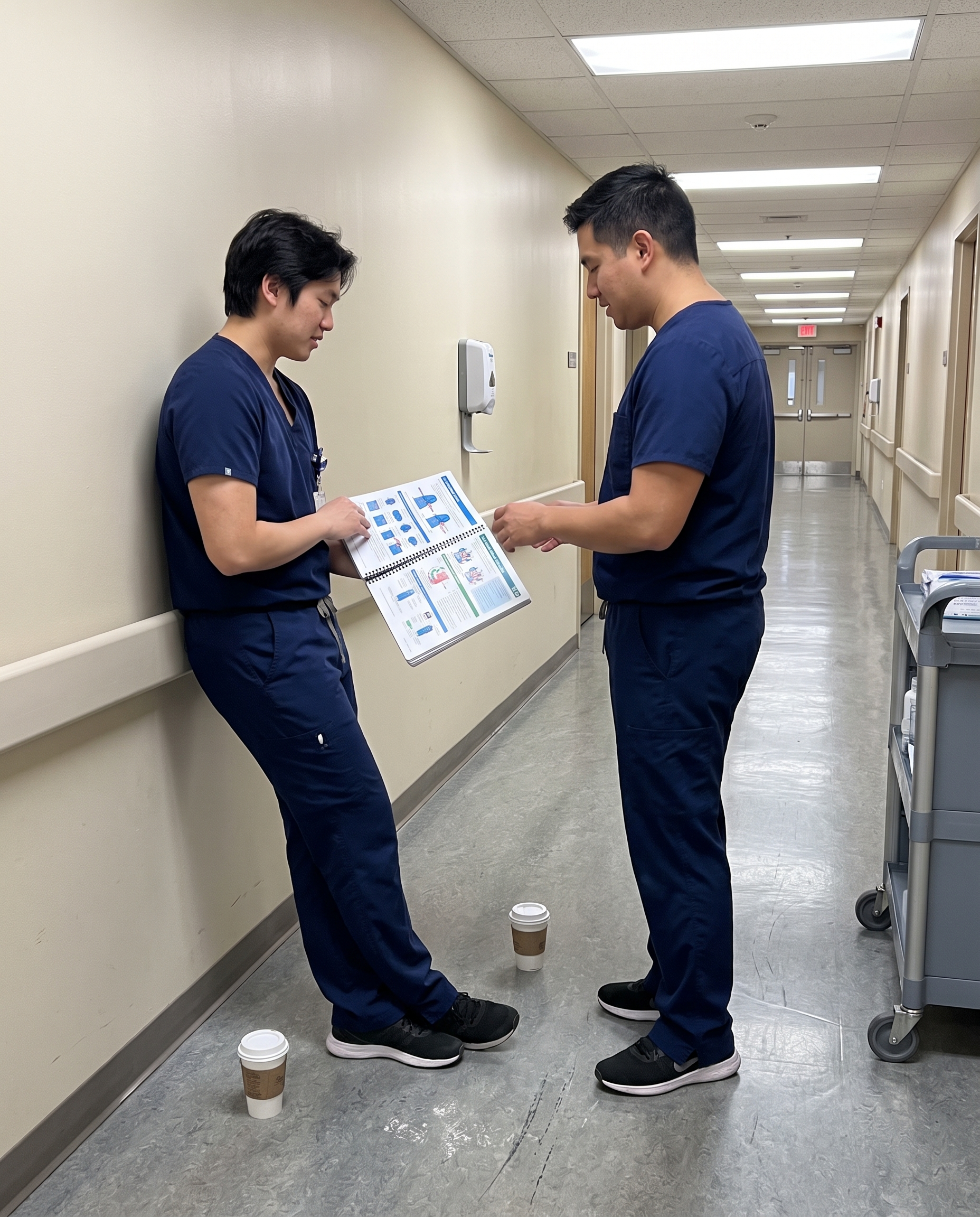 Two nurses in a hospital hallway, one holding an open spiral-bound book explaining a diagram