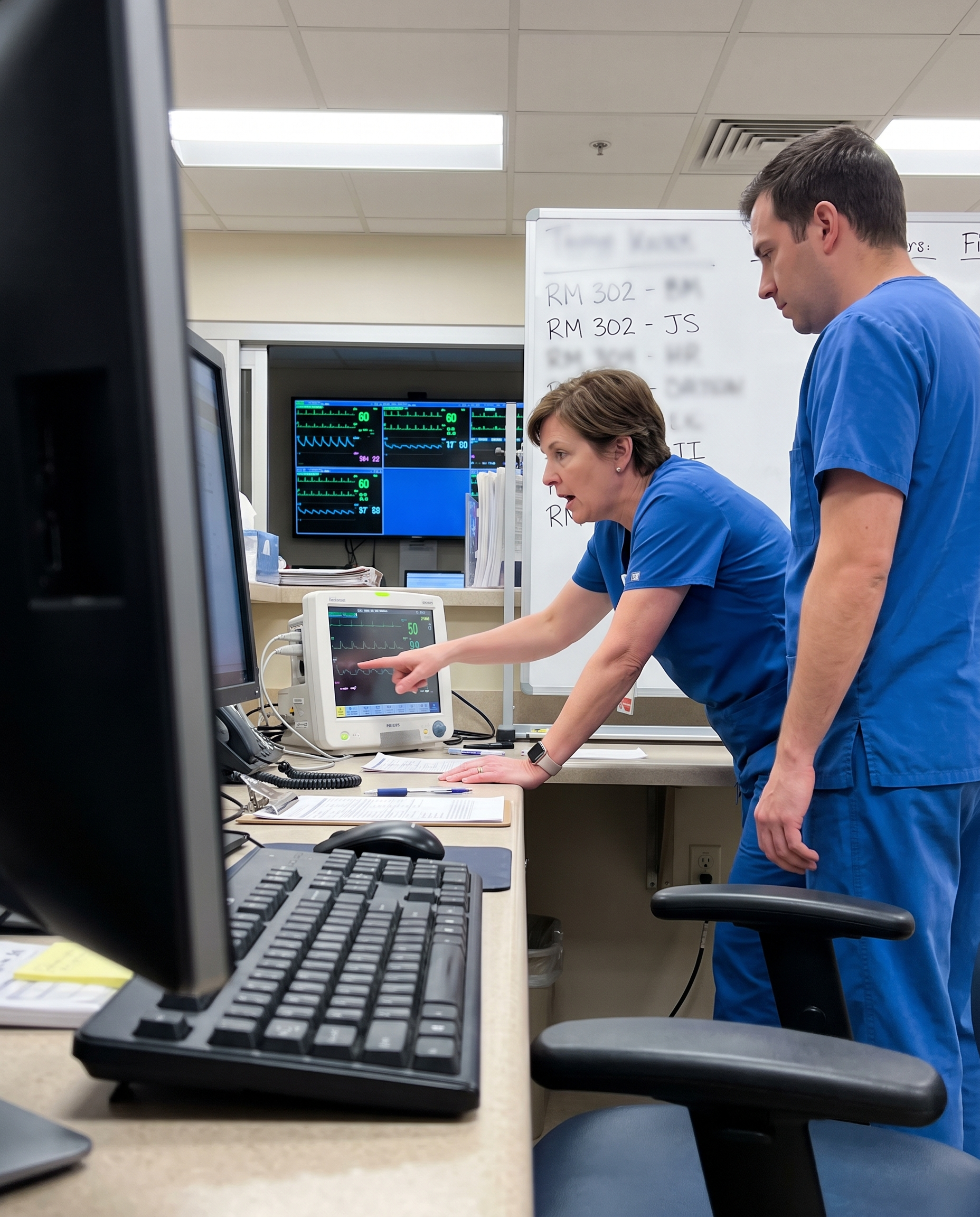 Preceptor explaining a cardiac monitor to a new nurse at the nurses station