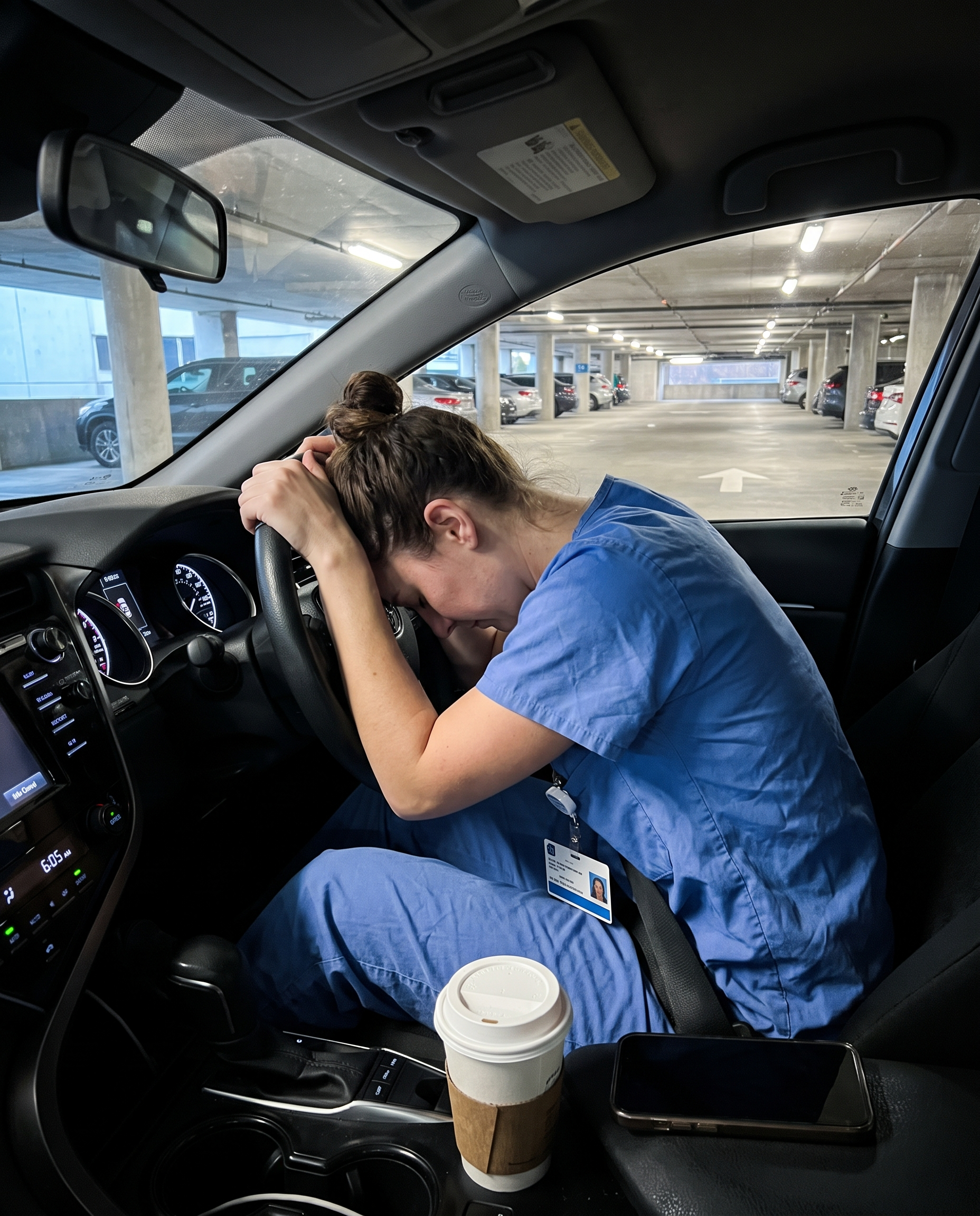 Nurse sitting in a parked car in a hospital parking garage, forehead resting on the steering wheel