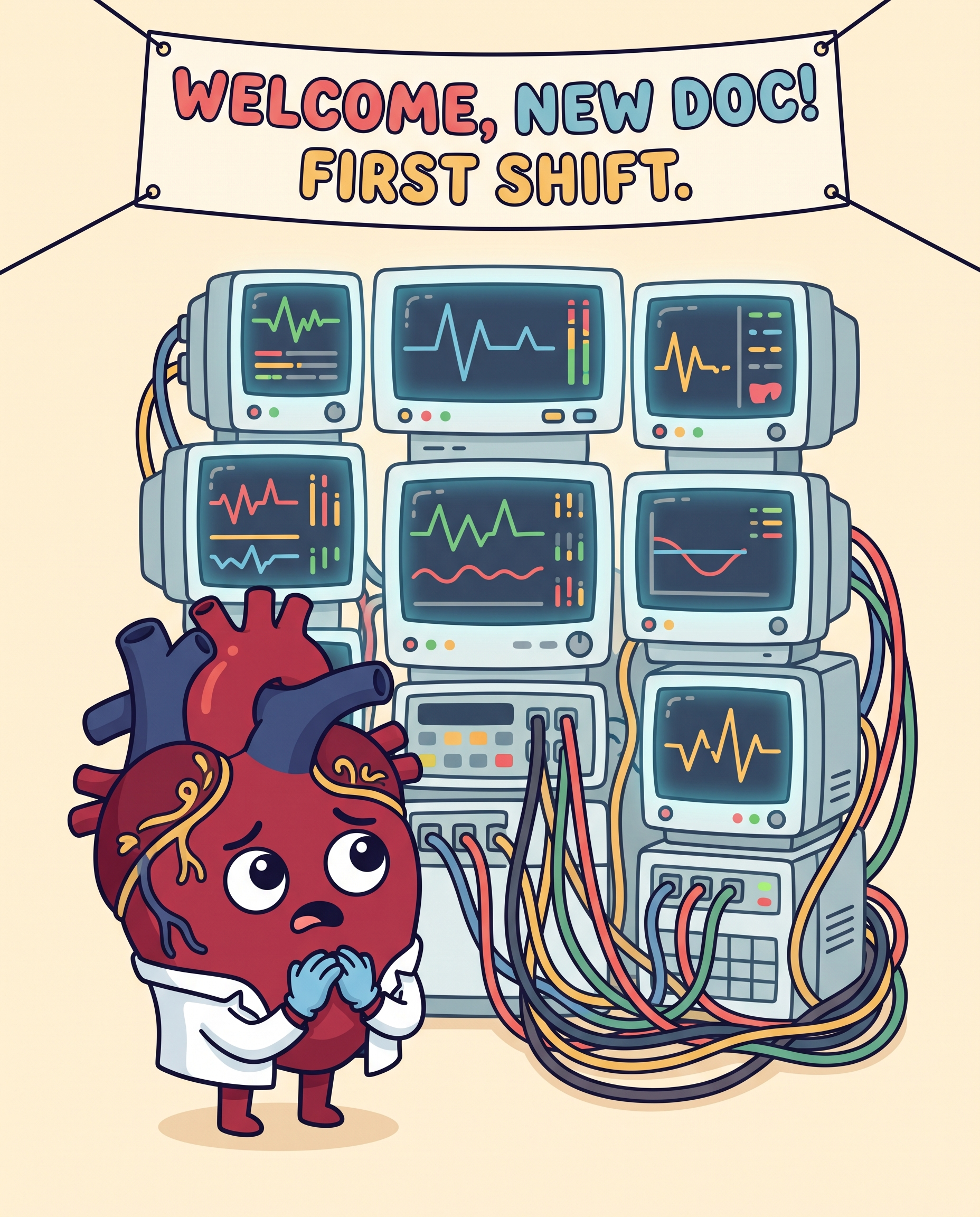 New nurse facing a wall of ICU monitors