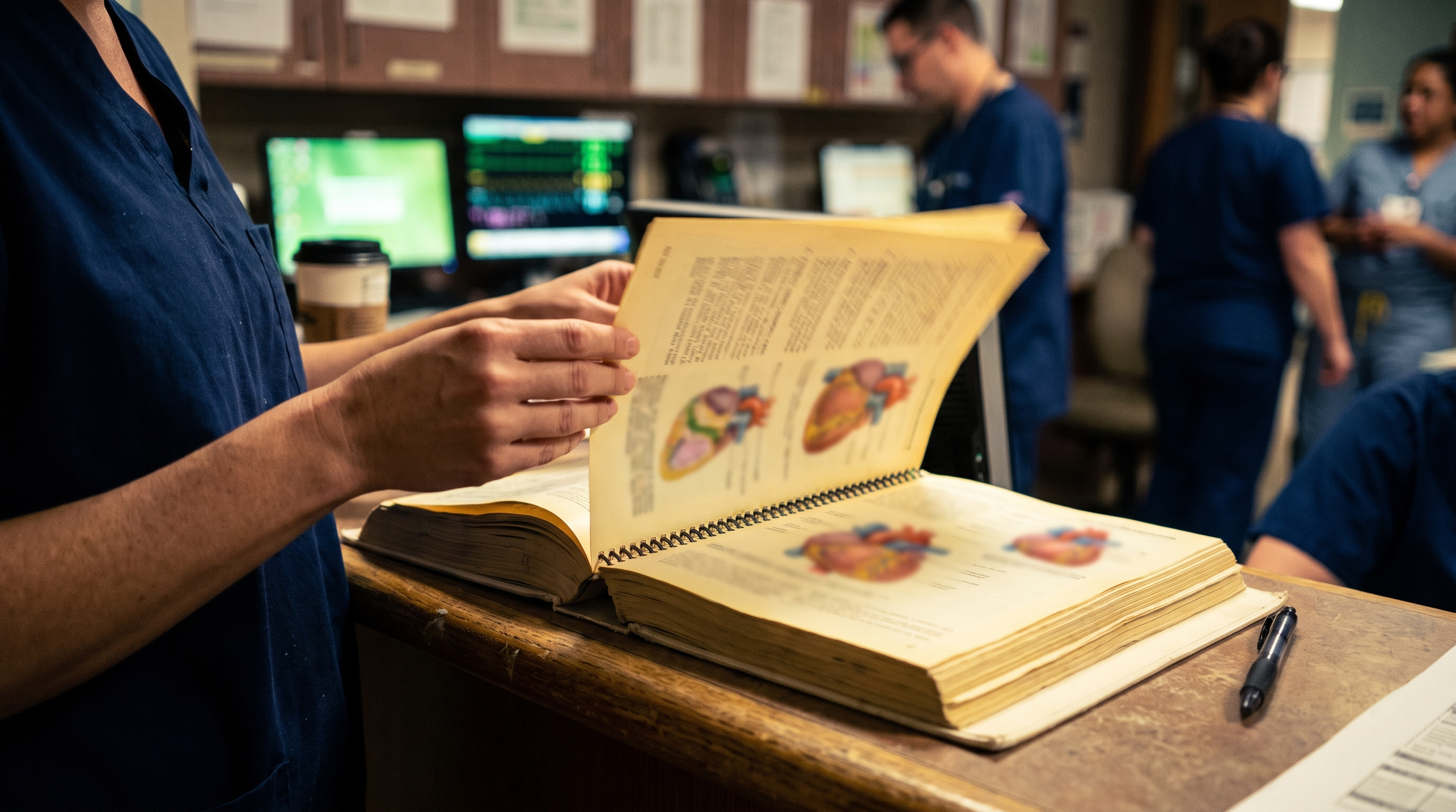 New cardiac ICU nurse opening a reference guide at the station