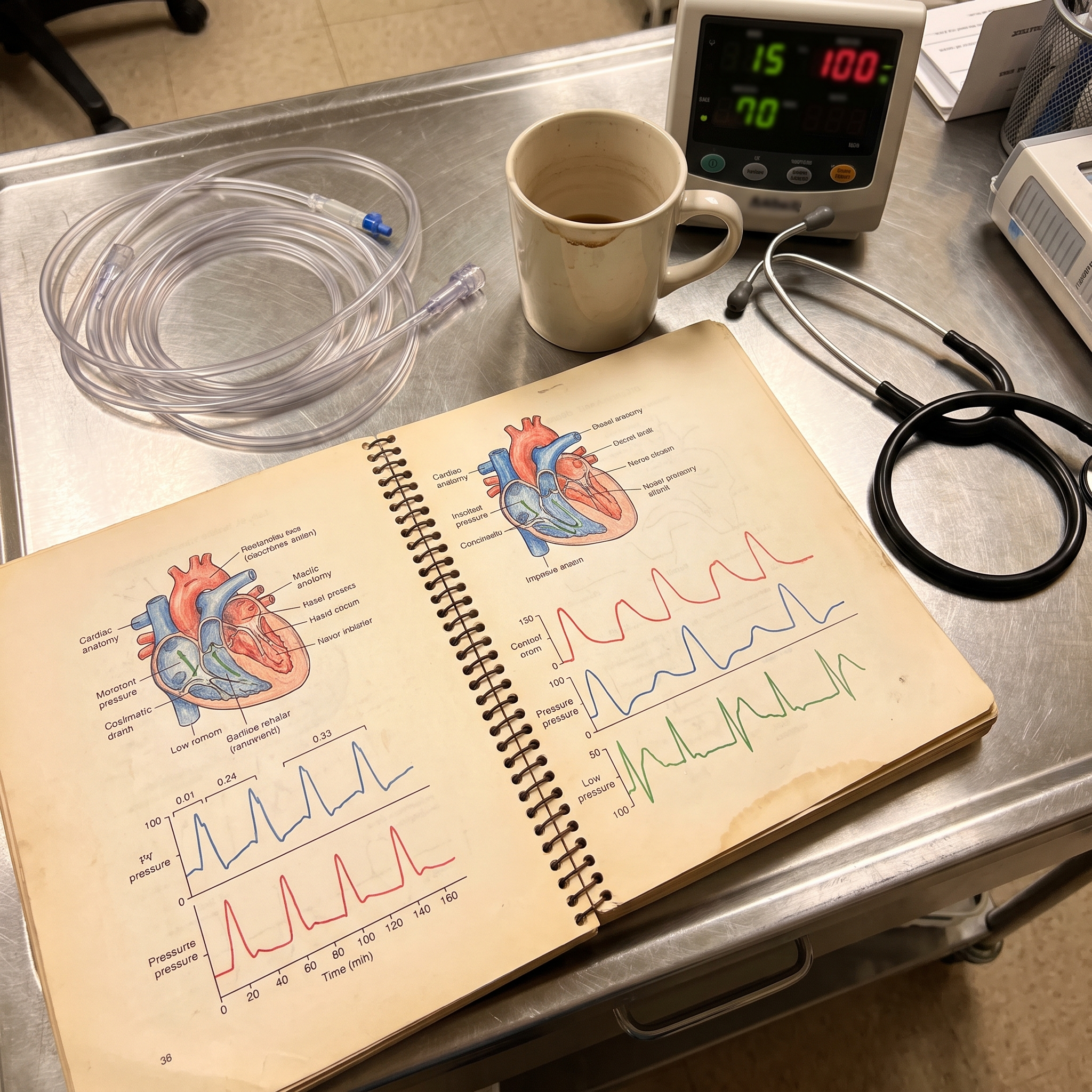 Hemodynamics diagram spread from the guide next to real ICU equipment