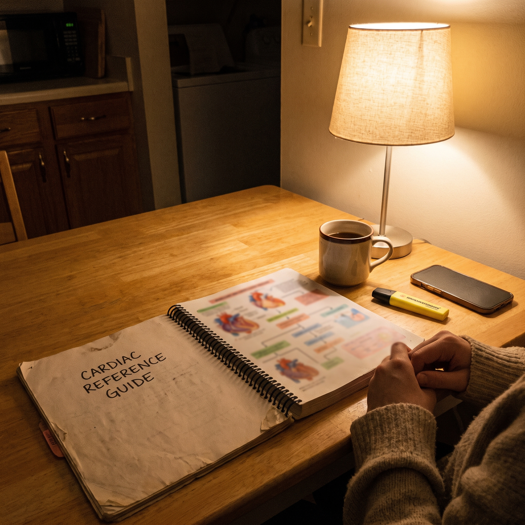 Studying the guide at home after a shift