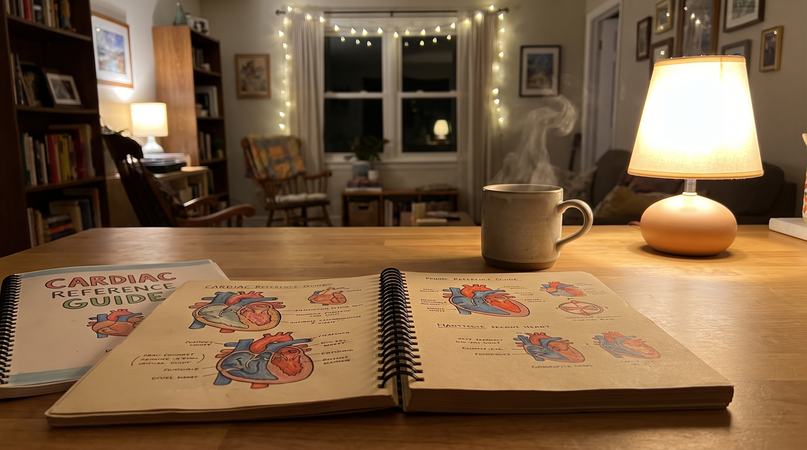 Cardiac reference guide open on a kitchen table at home in the evening