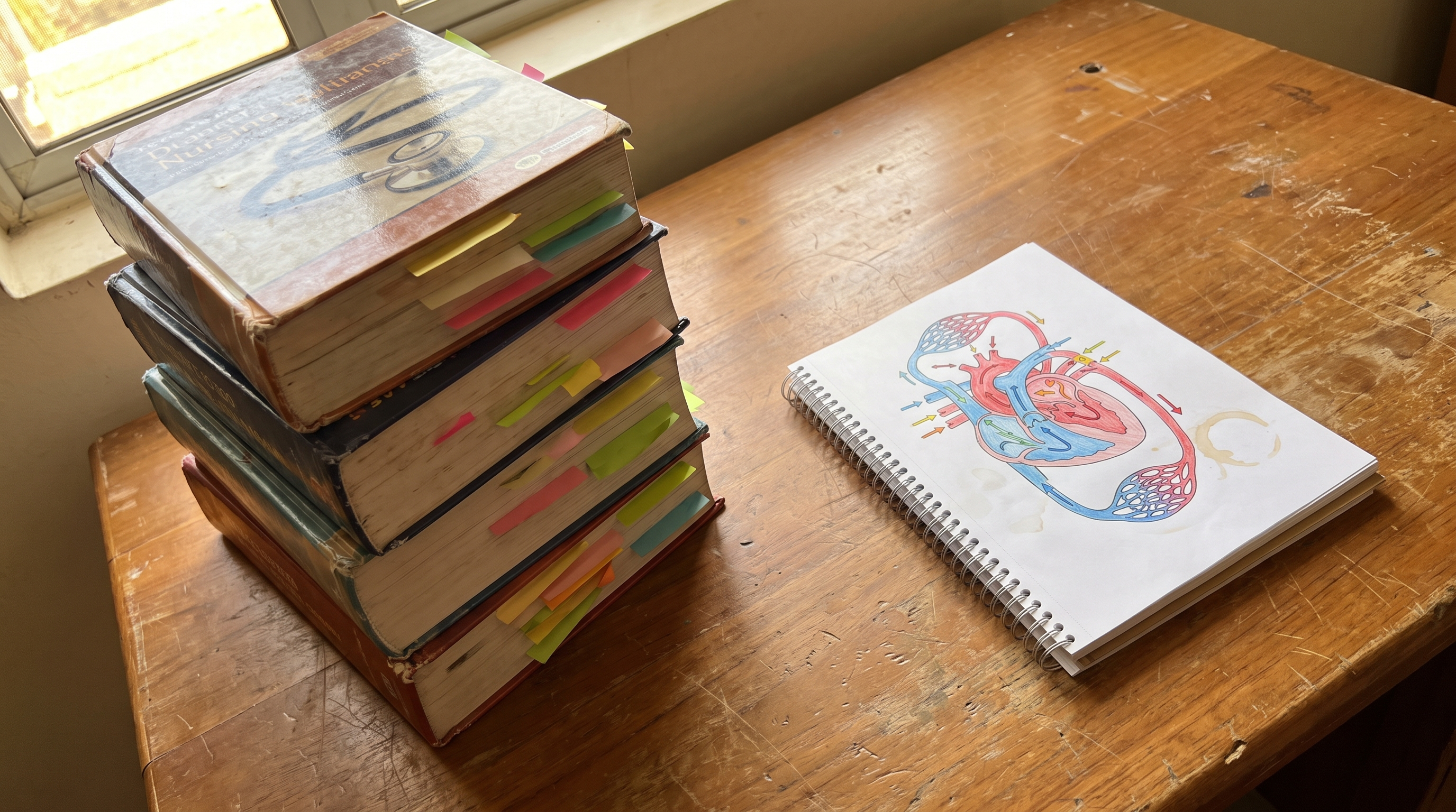 A heavy stack of dense textbooks next to one thin visual guide