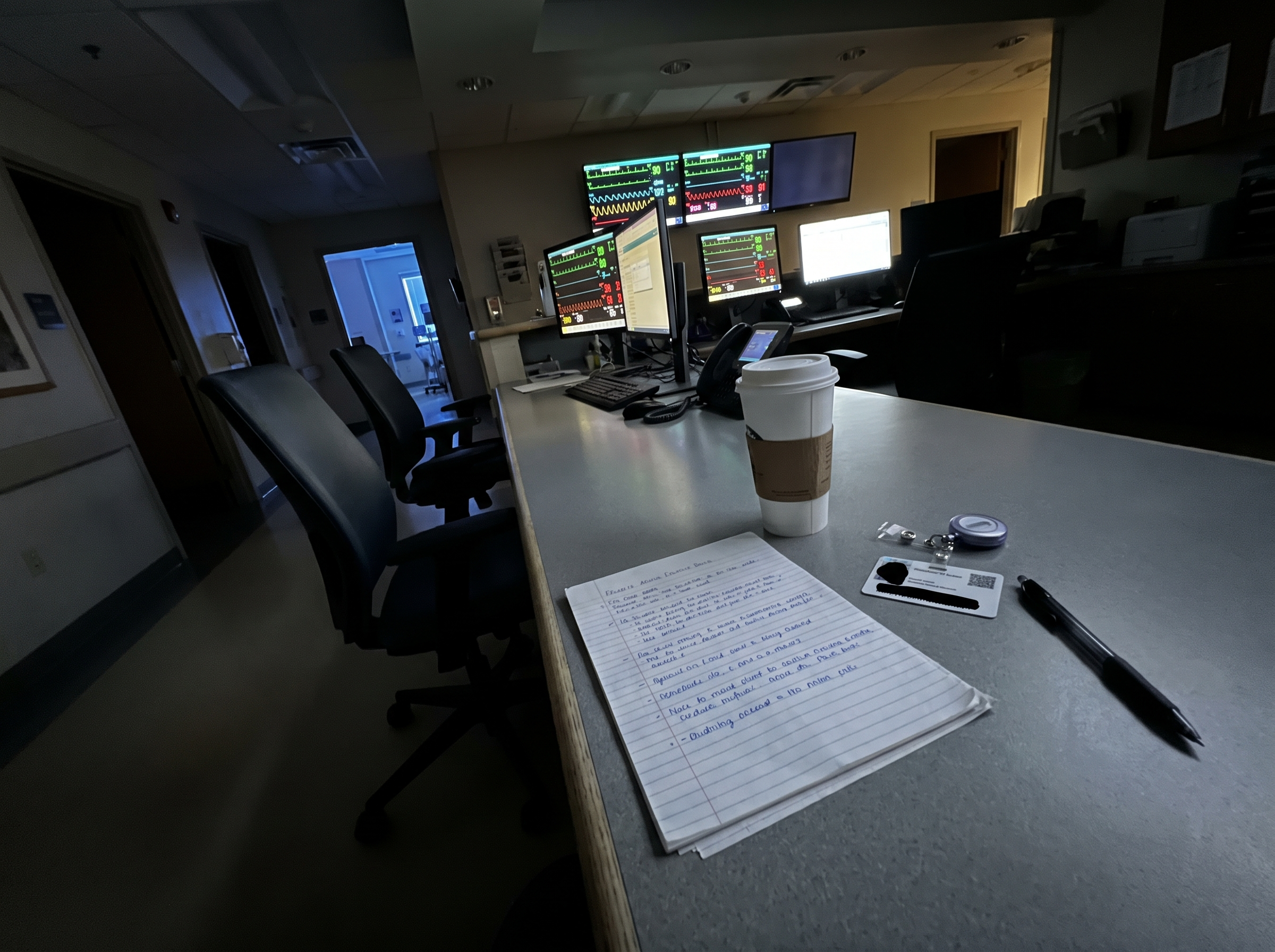 Quiet cardiac ICU nurses station at night