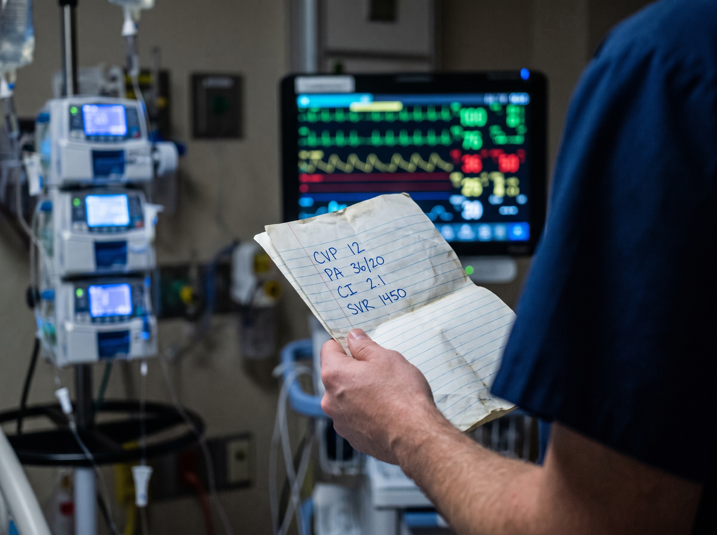 Nurse holding handwritten Swan numbers at a bedside monitor