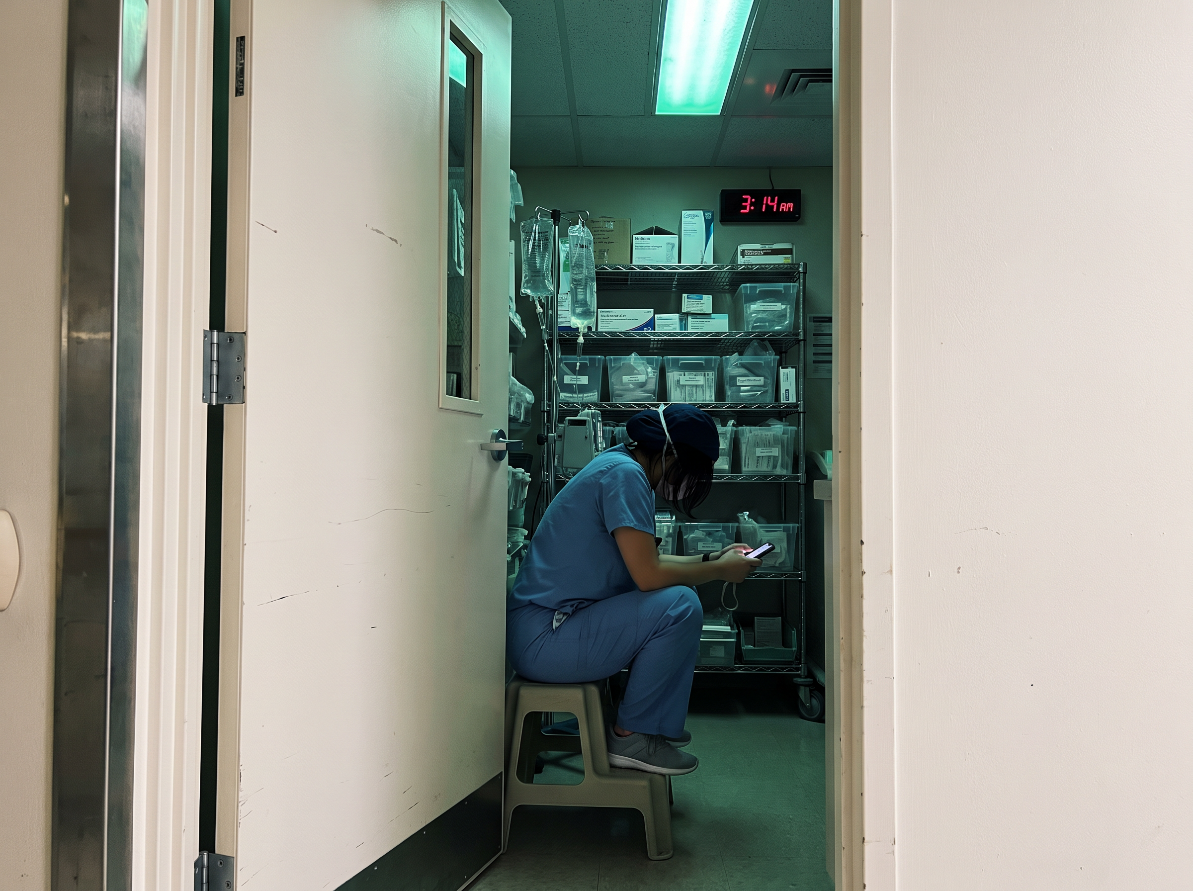 Nurse sitting alone in a hospital med room holding her phone