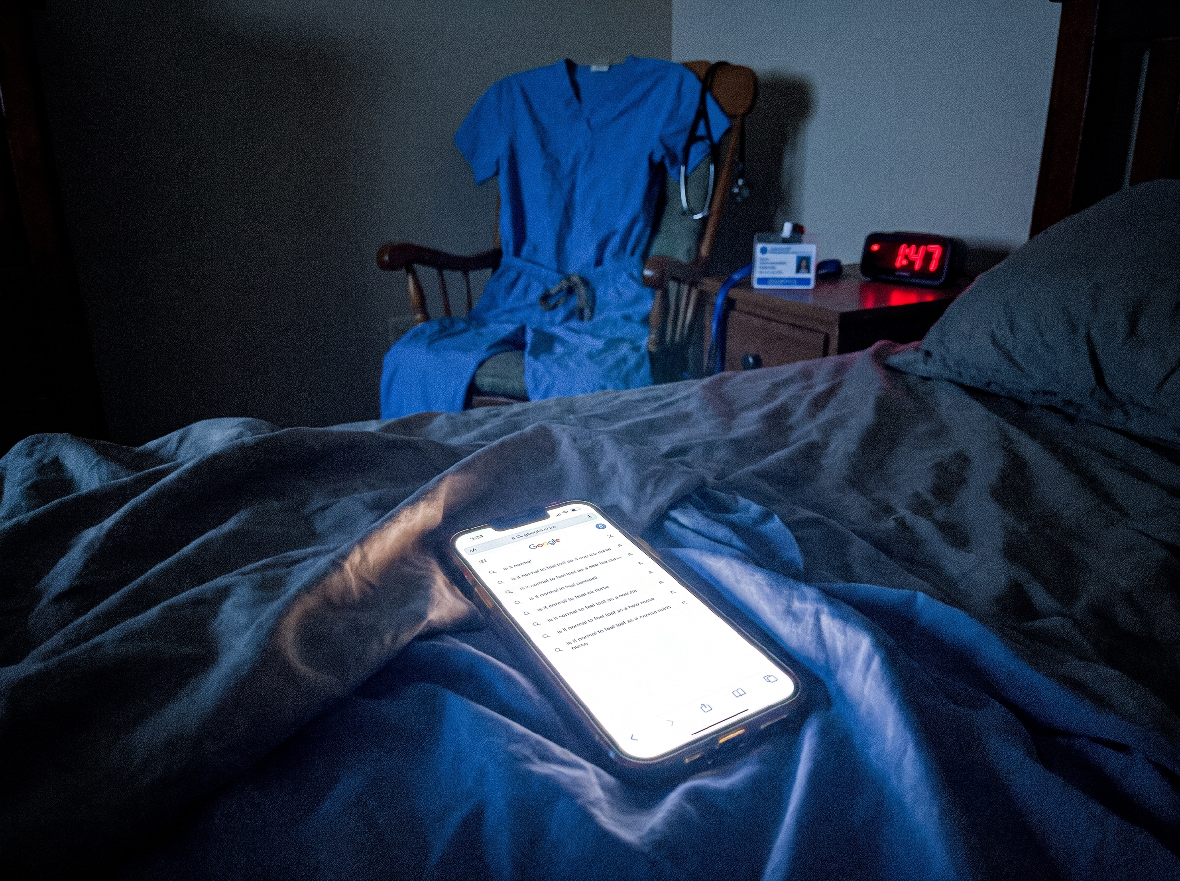 Phone glowing on a bed late at night with a search open