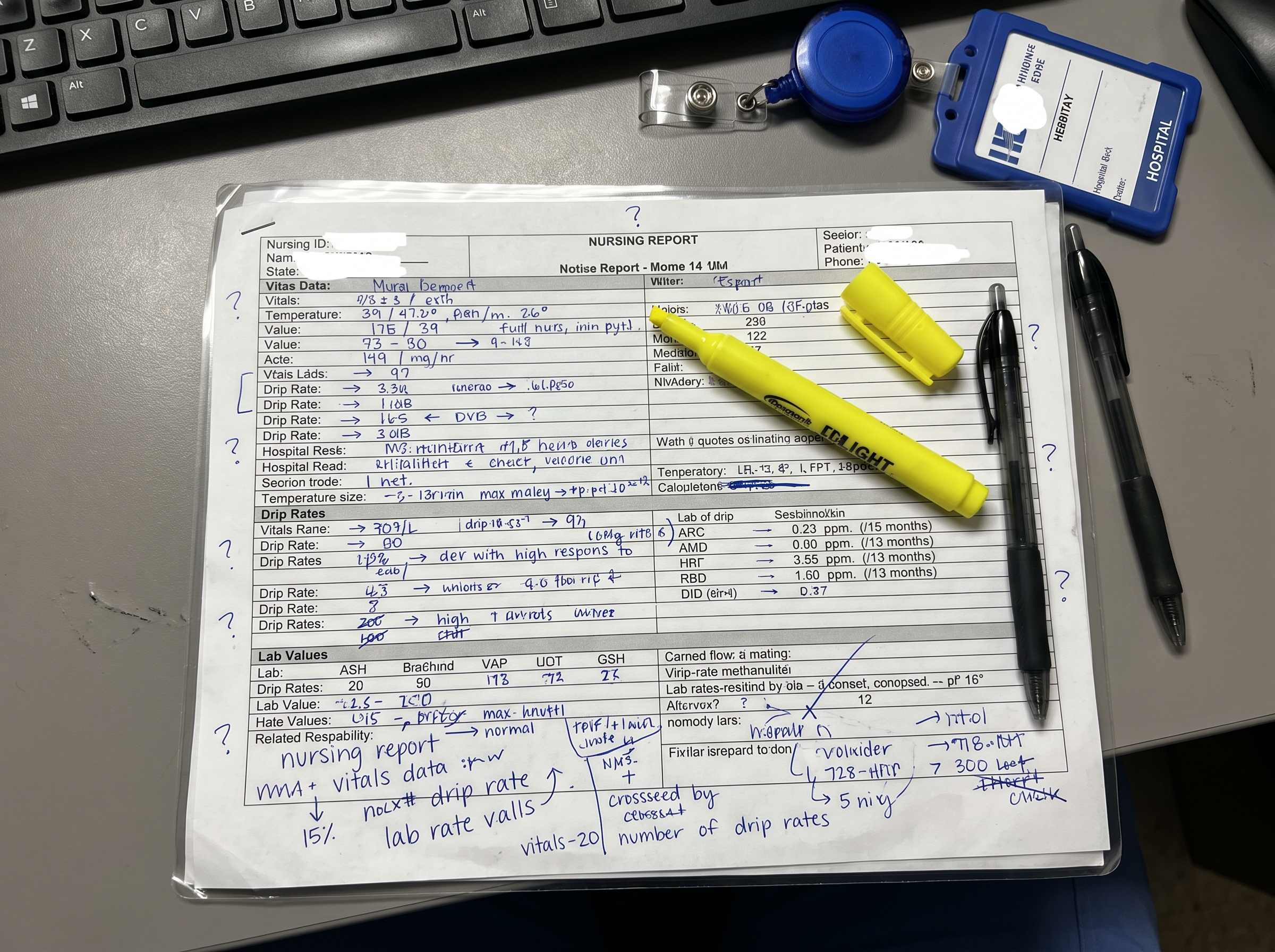 Report sheet covered in handwritten notes and question marks